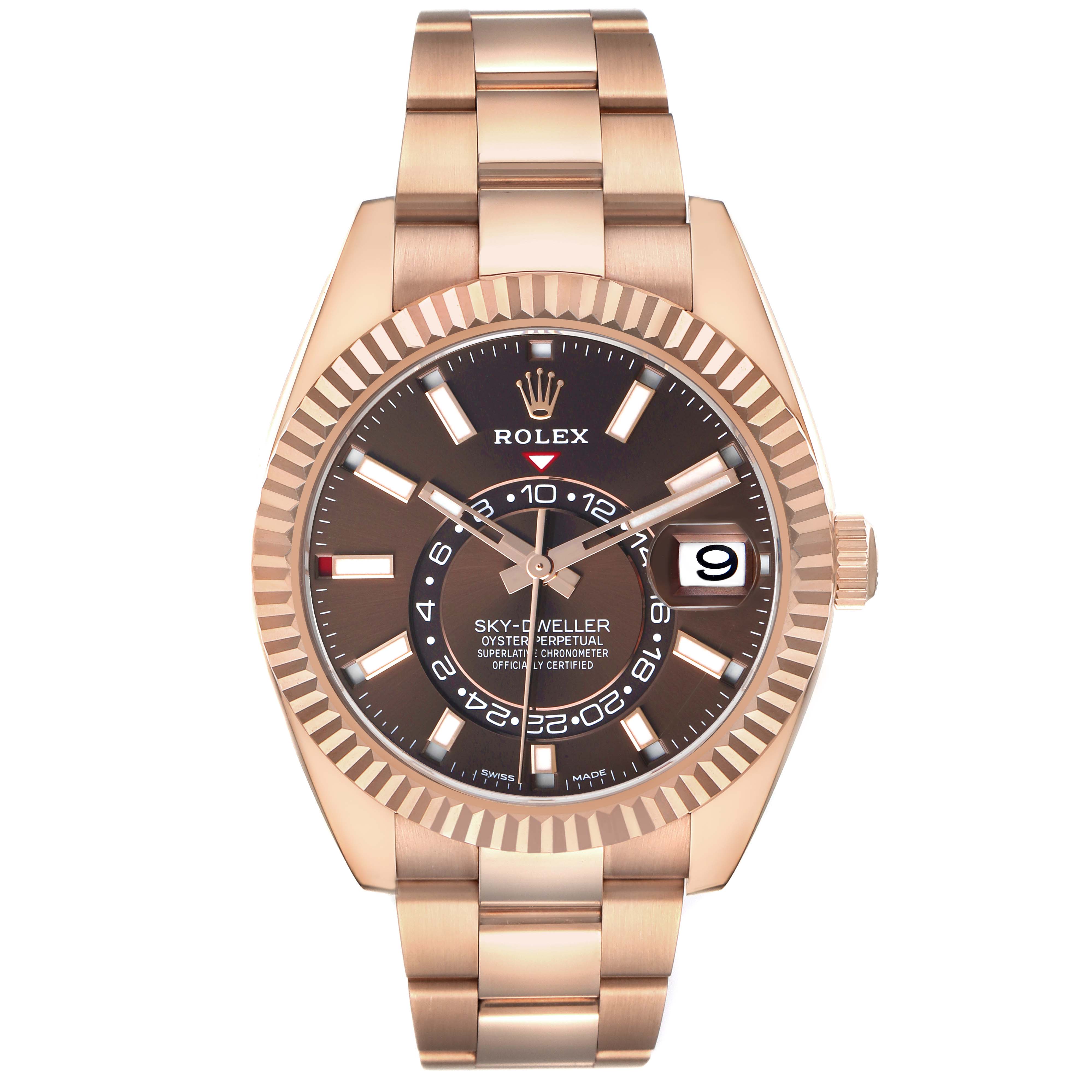 The Rolex Sky-Dweller 326935 Men's Rose Gold Brown Dial watch is shown from the front, highlighting its dial, bezel, and bracelet.