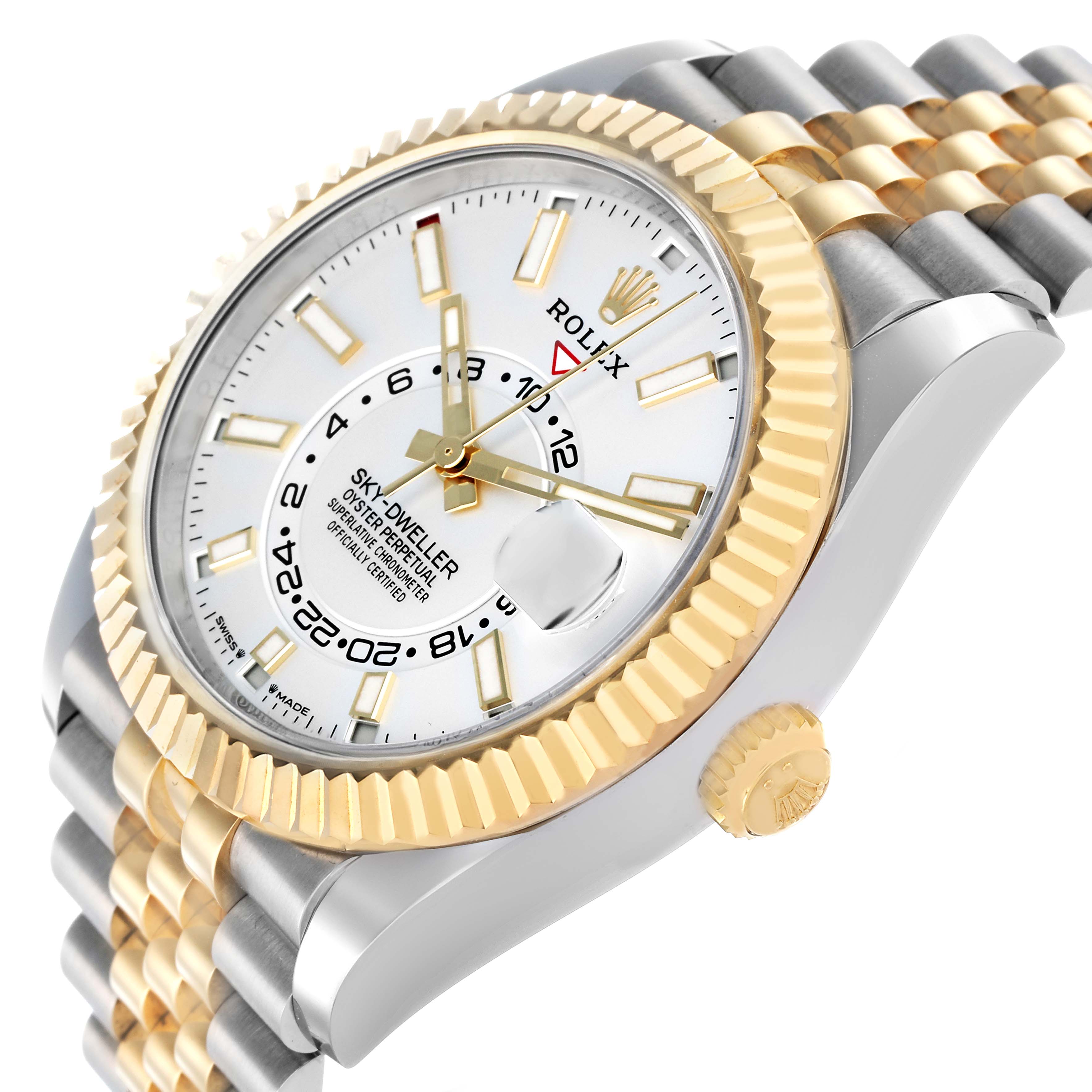 The Rolex Sky-Dweller 336933 Men
s Steel and Gold (two tone) Silver Dial watch is shown at an angled view highlighting the bezel, dial, crown, and bracelet.