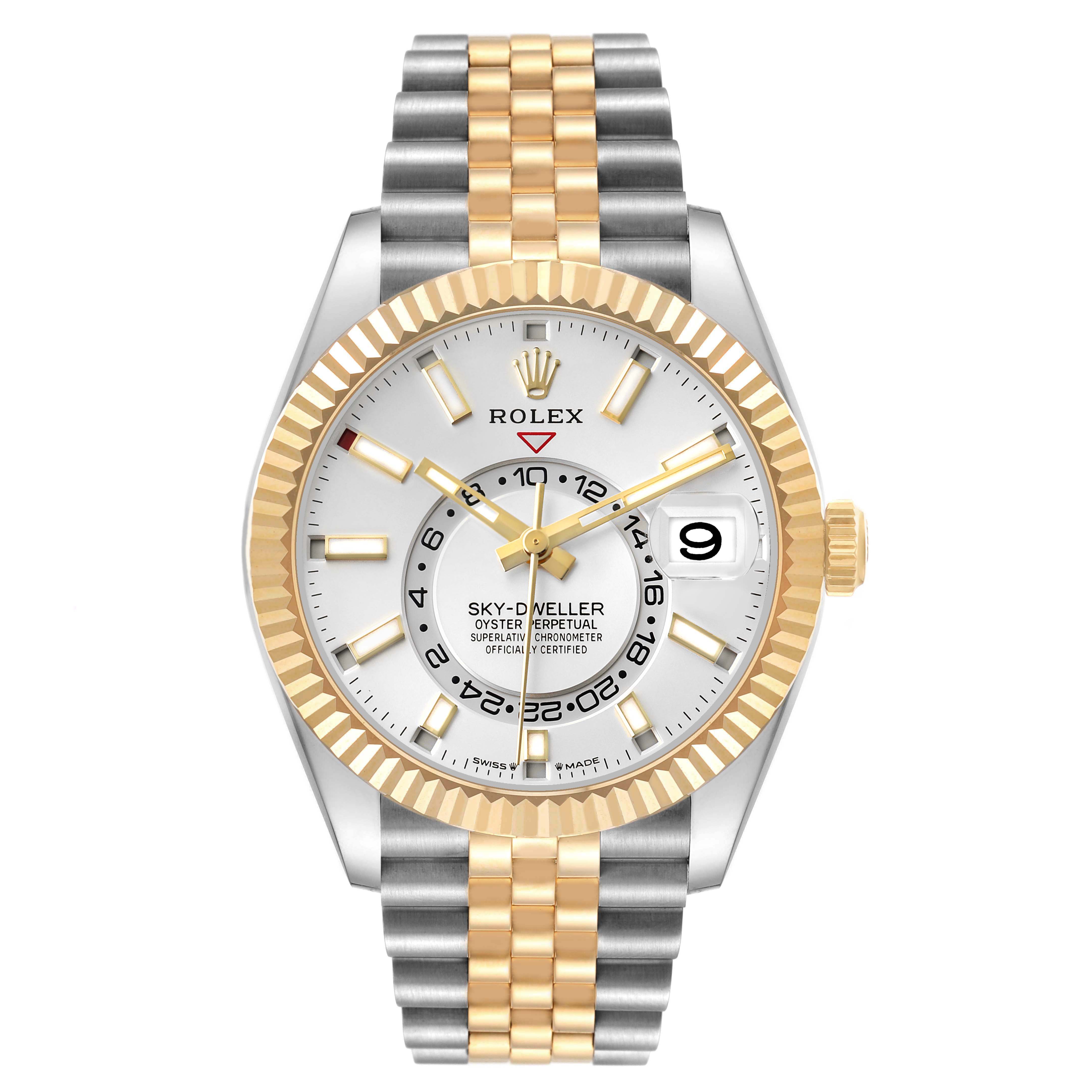 The Rolex Sky-Dweller 336933 Men
s Steel and Gold (two tone) Silver Dial watch is shown from the front, displaying the dial, bezel, bracelet, and crown.