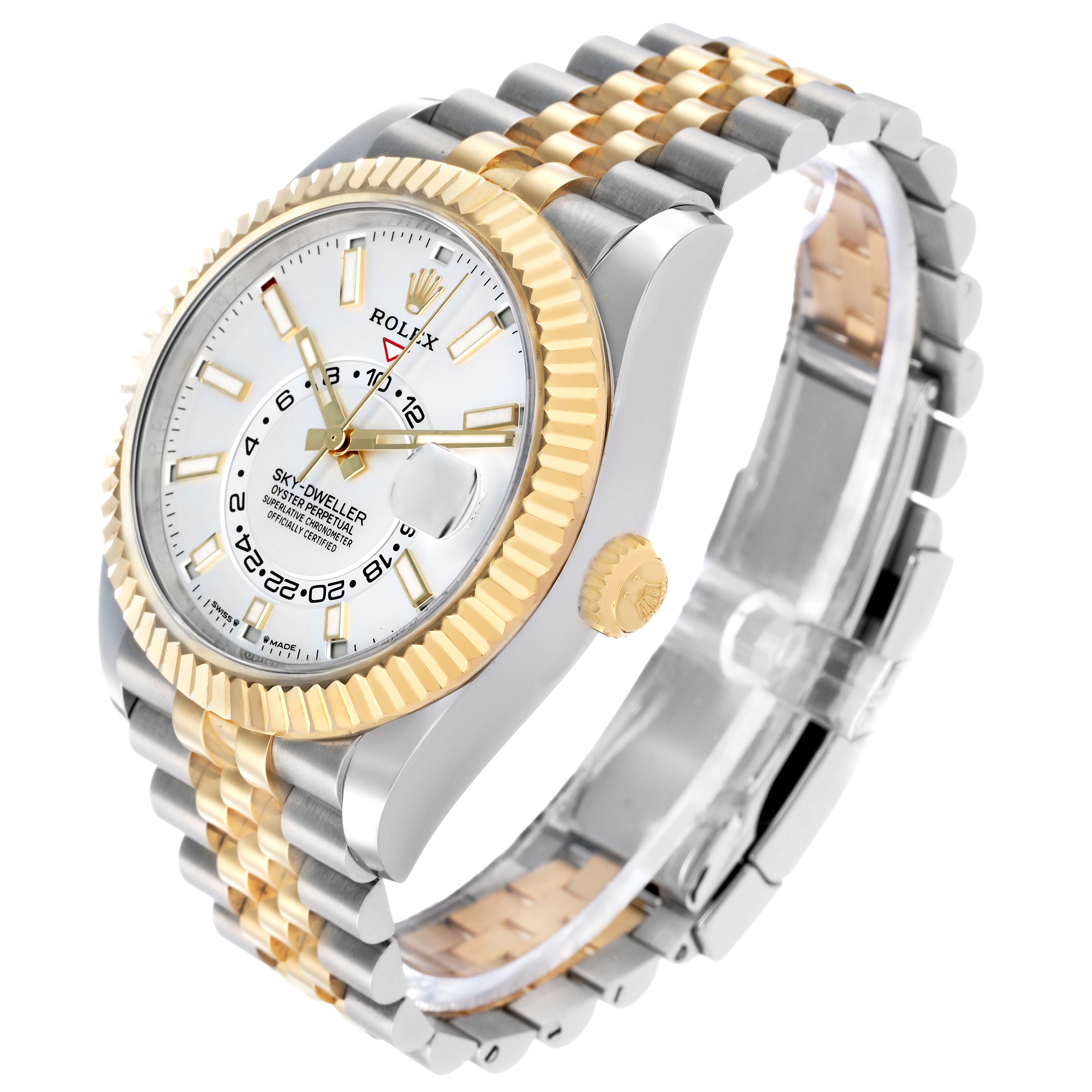 The Rolex Sky-Dweller 336933 Men
s Steel and Gold (two tone) Silver Dial is shown at an angled side view, displaying the bezel, dial, crown, and two-tone bracelet.