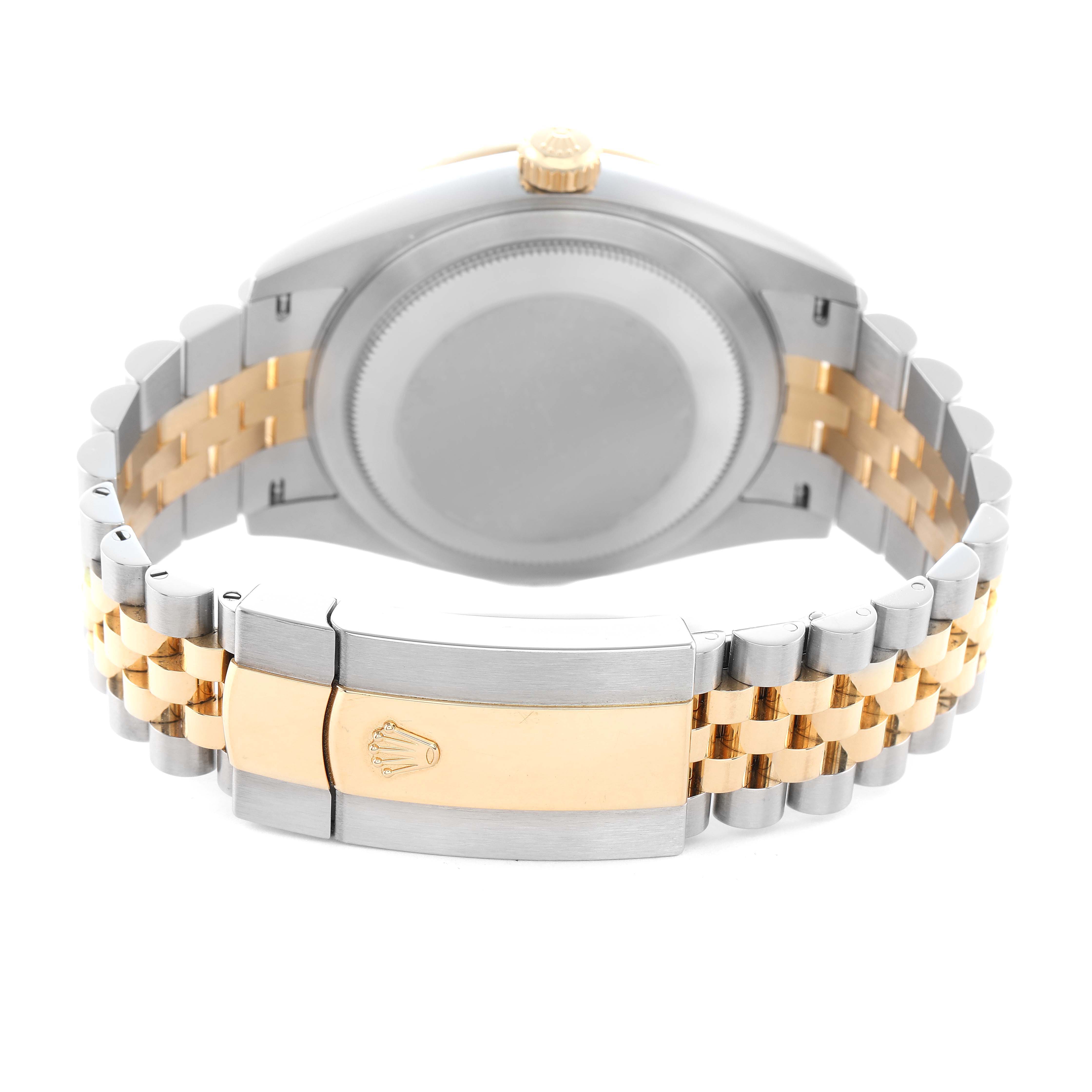 The image shows the backside and clasp of the Rolex Sky-Dweller 336933 Men
s Steel and Gold (two tone) Silver Dial, featuring a two-tone metal bracelet.