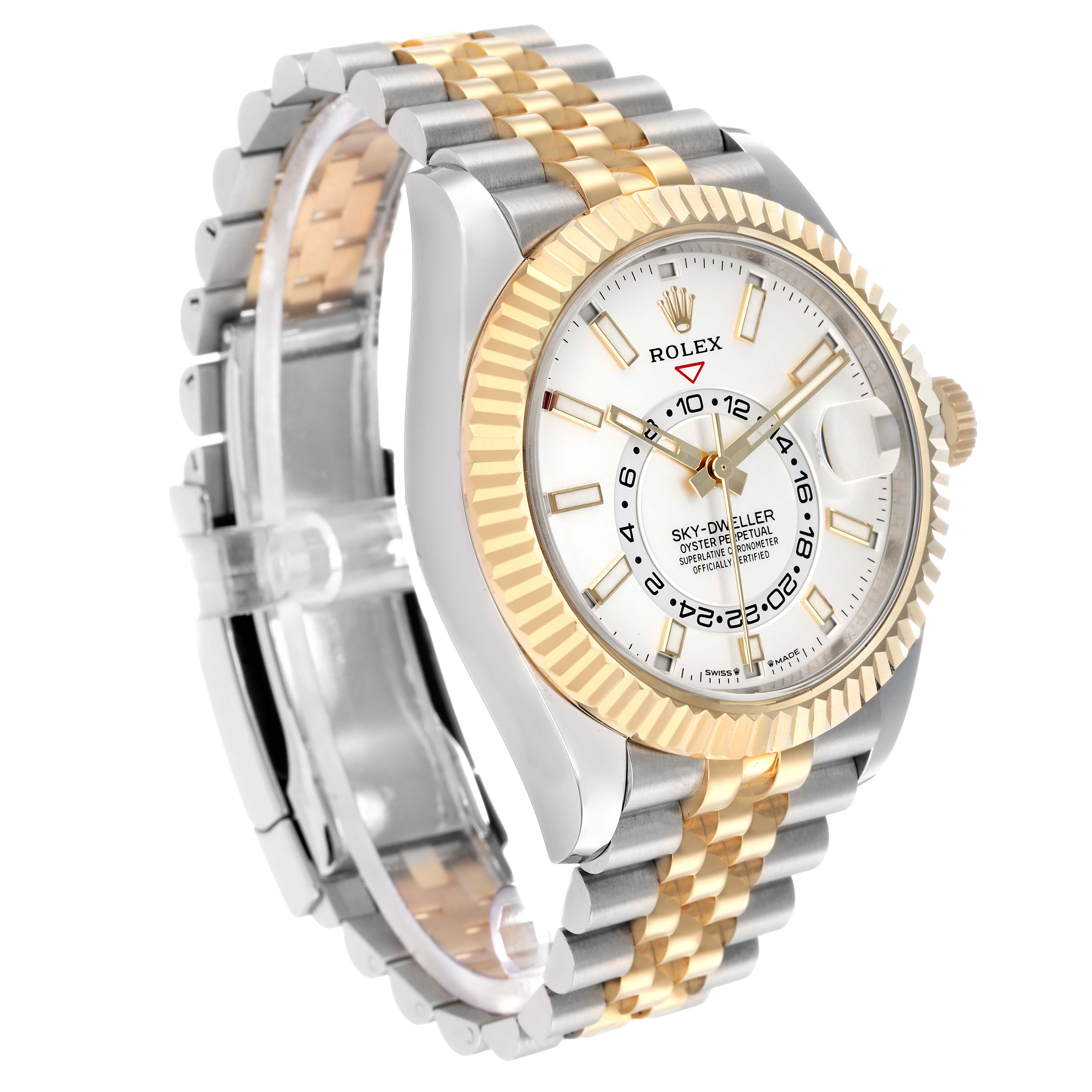 The Rolex Sky-Dweller 336933 Men
s Steel and Gold (two tone) Silver Dial is shown at a slight side angle, highlighting the bezel, dial, and two-tone bracelet.