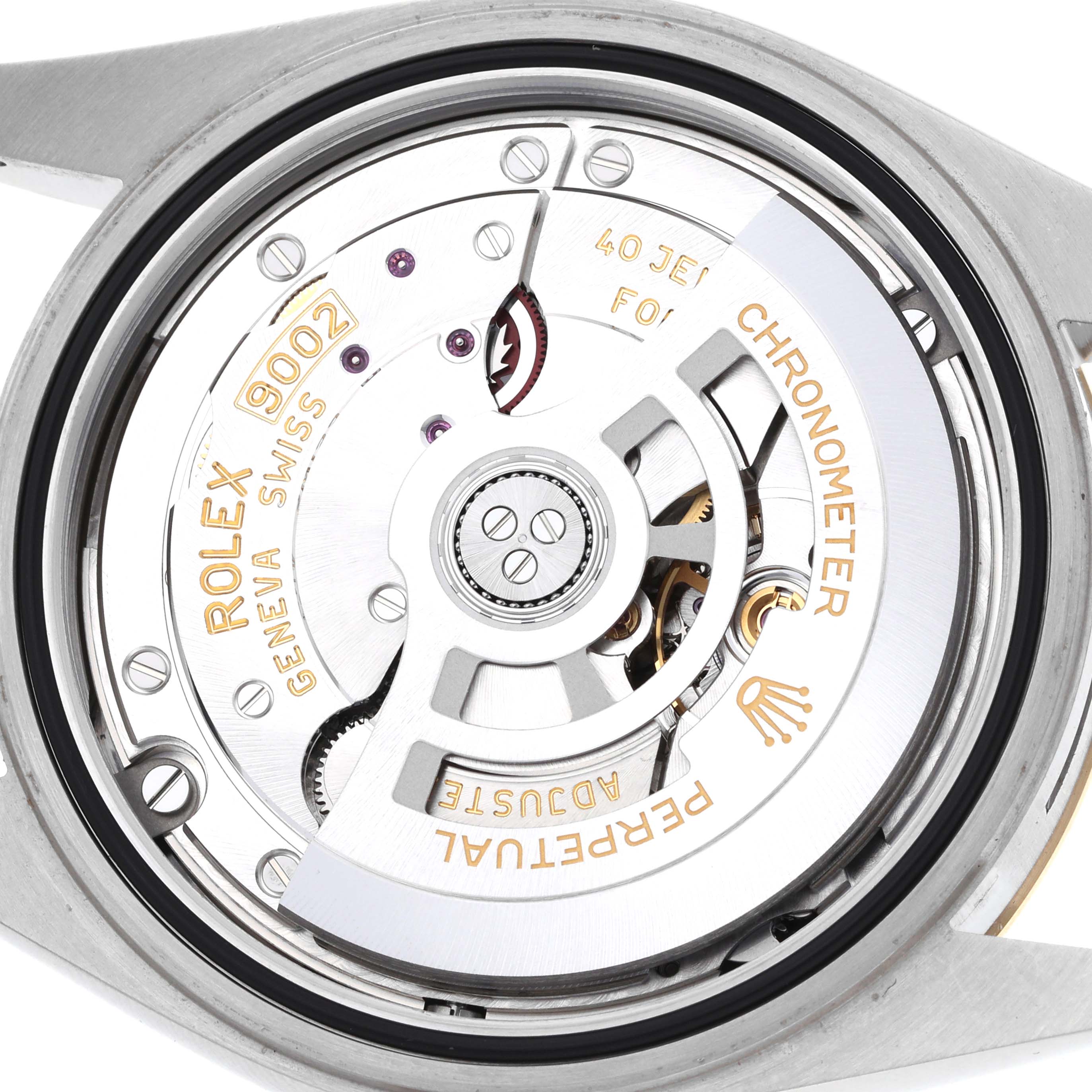 The image shows the back view of a Rolex Sky-Dweller 336933 Men
s Steel and Gold (two tone) Silver Dial, displaying its movement and rotor.