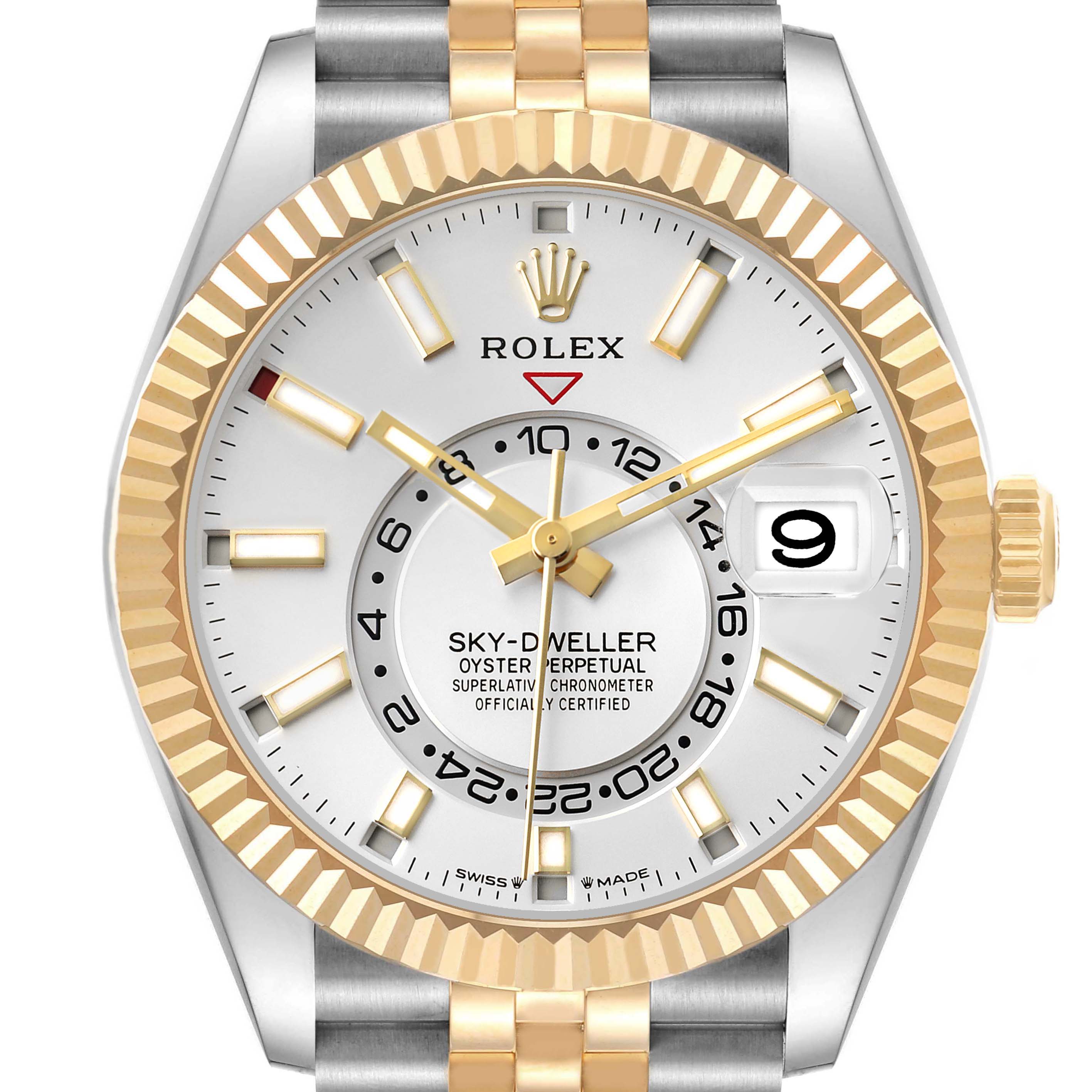 The Rolex Sky-Dweller 336933 Men
s Steel and Gold (two tone) Silver Dial is shown from a front angle, highlighting the face, bezel, hands, date, and bracelet.