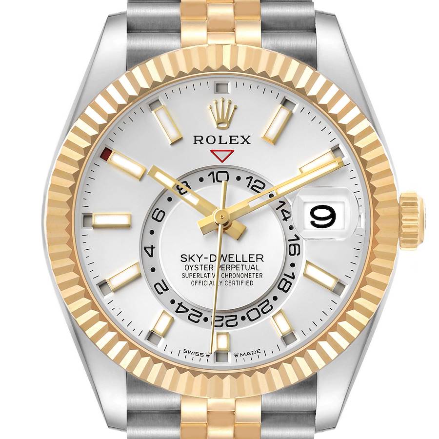 The Rolex Sky-Dweller 336933 Men
s Steel and Gold (two tone) Silver Dial is shown from a front angle, highlighting the face, bezel, hands, date, and bracelet.