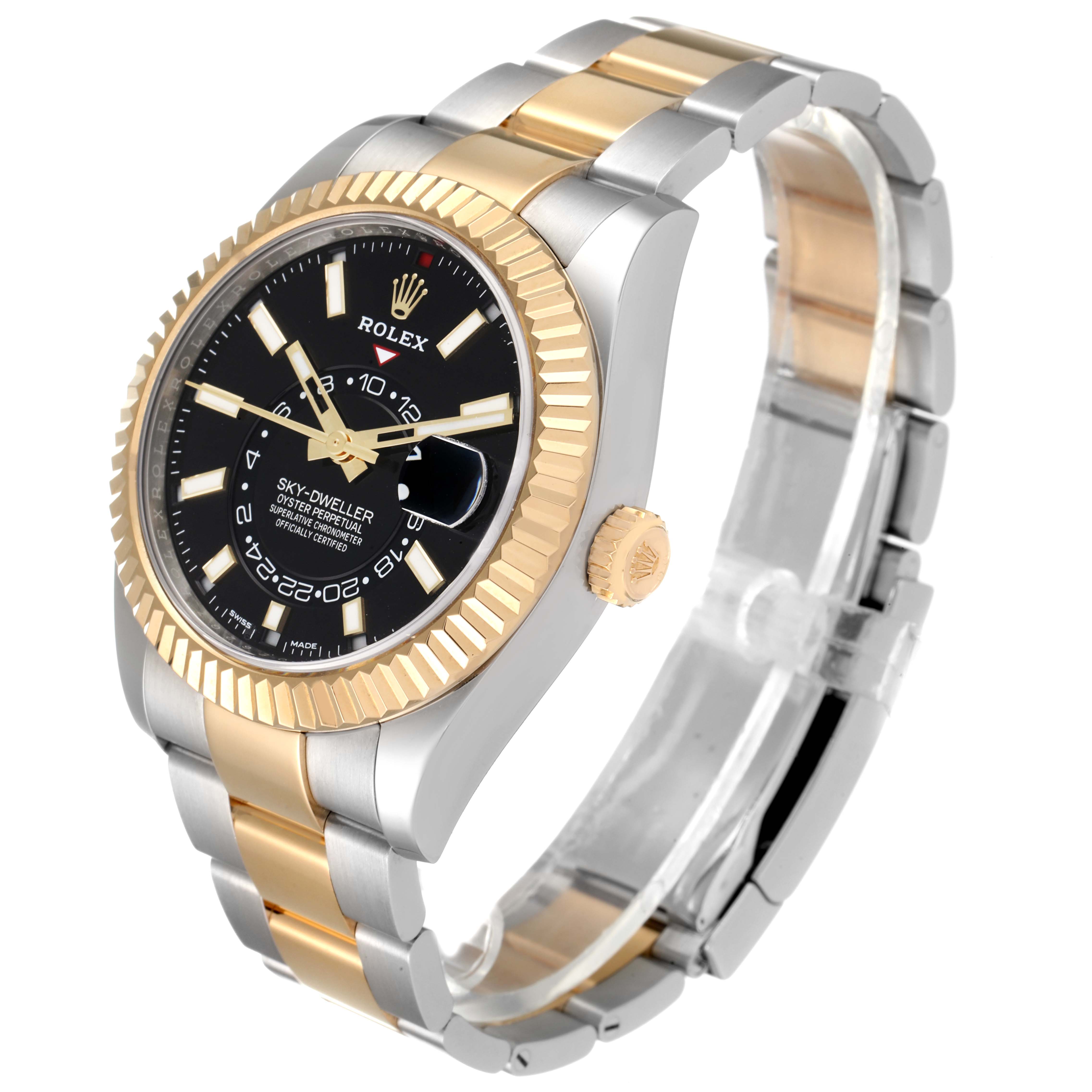 The image displays a Rolex Sky-Dweller 326933 Men's Steel and Gold (two tone) Black Dial 326933 Men's Steel and Gold (two tone) Black Dial watch at a three-quarter angle, showing the face, bezel, crown, and part of the bracelet.