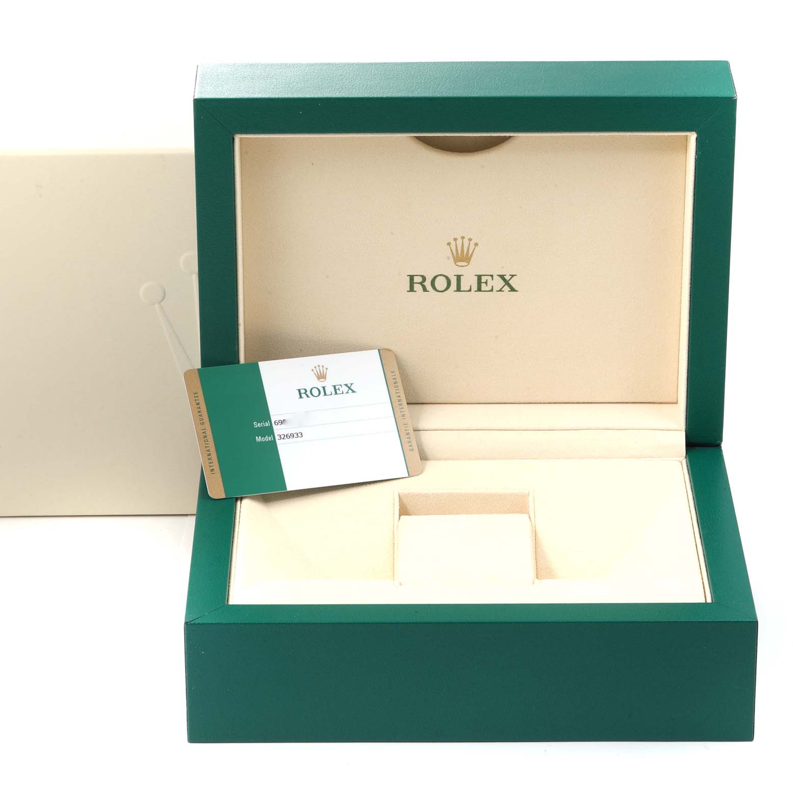 The image shows the open box and warranty card for the Rolex Sky-Dweller 326933 Men's Steel and Gold (two tone) Black Dial 326933 Men's Steel and Gold (two tone) Black Dial watch.