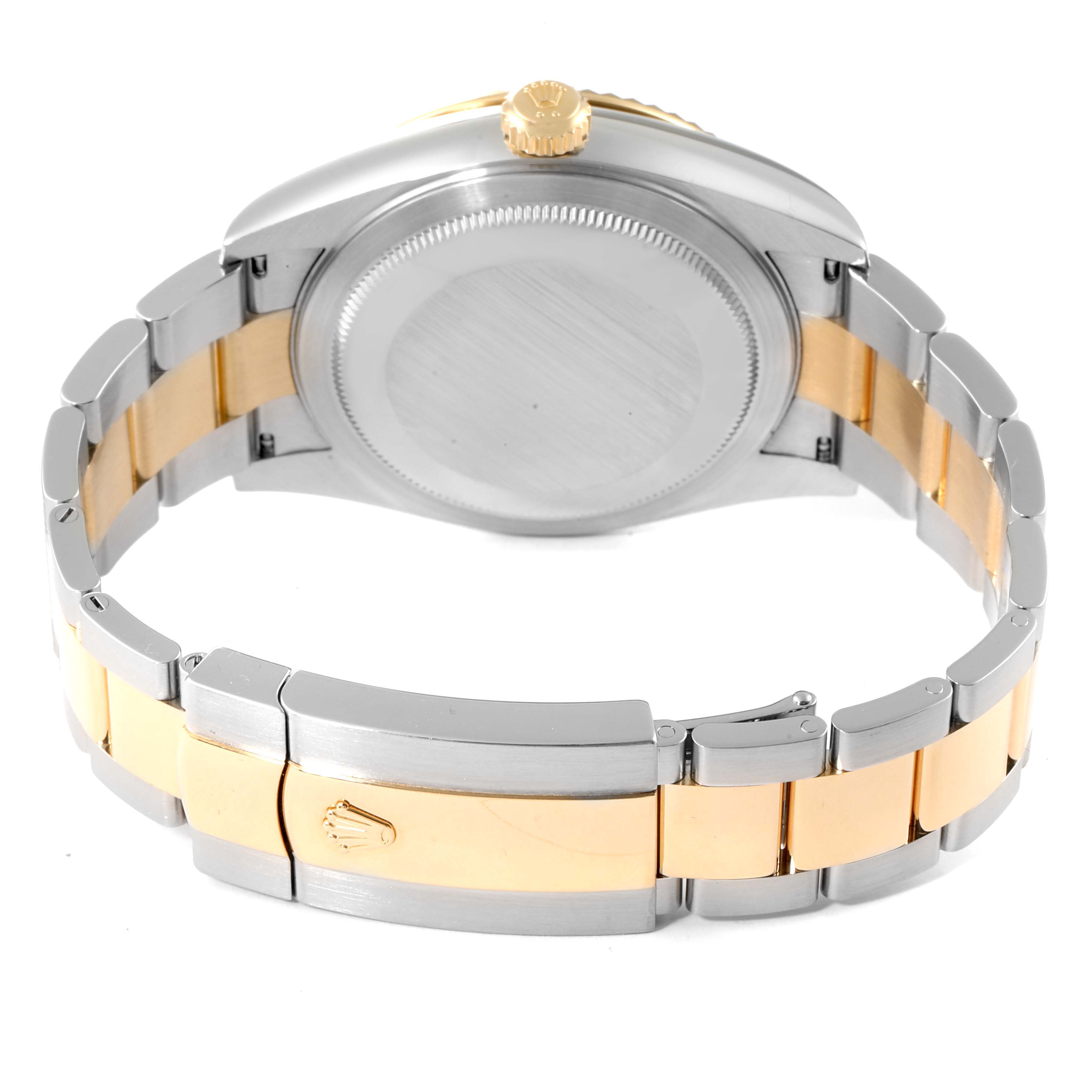 This image shows the back view of a Rolex Sky-Dweller 326933 Men's Steel and Gold (two tone) Black Dial 326933 Men's Steel and Gold (two tone) Black Dial watch, highlighting the case back, crown, and two-tone bracelet.