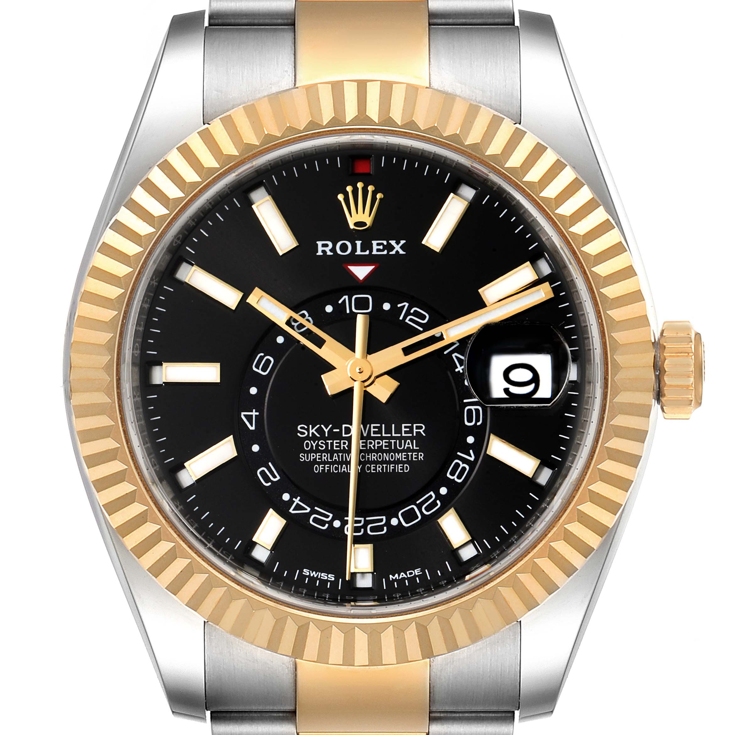 This is a close-up, front-facing view of a Rolex Sky-Dweller 326933 Men's Steel and Gold (two tone) Black Dial 326933 Men's Steel and Gold (two tone) Black Dial watch, showing the dial, bezel, case, and part of the bracelet.