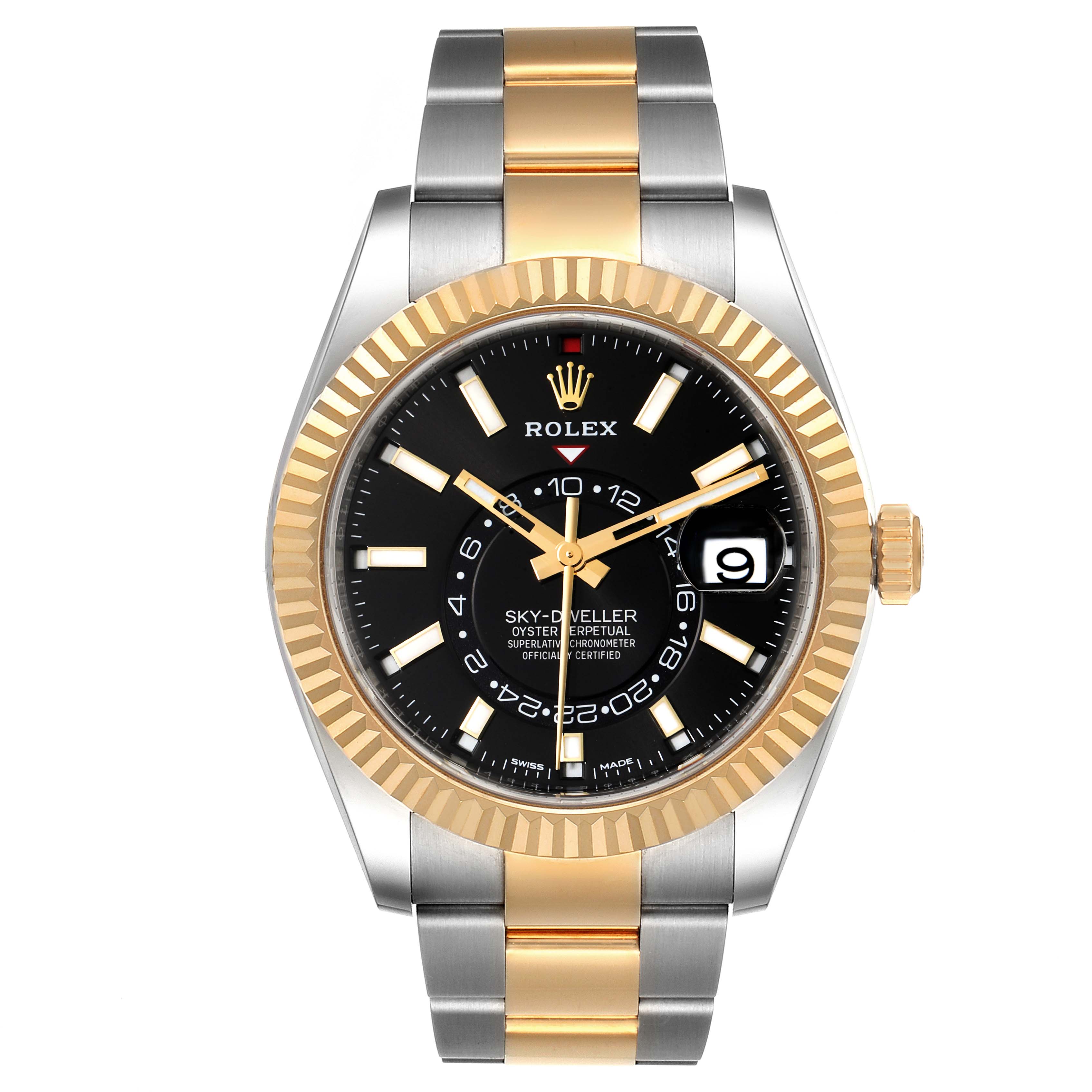 The image shows a frontal view of the Rolex Sky-Dweller 326933 Men's Steel and Gold (two tone) Black Dial 326933 Men's Steel and Gold (two tone) Black Dial watch, highlighting its black dial, gold bezel, and two-tone bracelet.