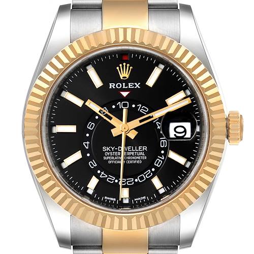 Photo of Rolex Sky Dweller Yellow Gold Steel Black Dial Mens Watch 326933 Box Card