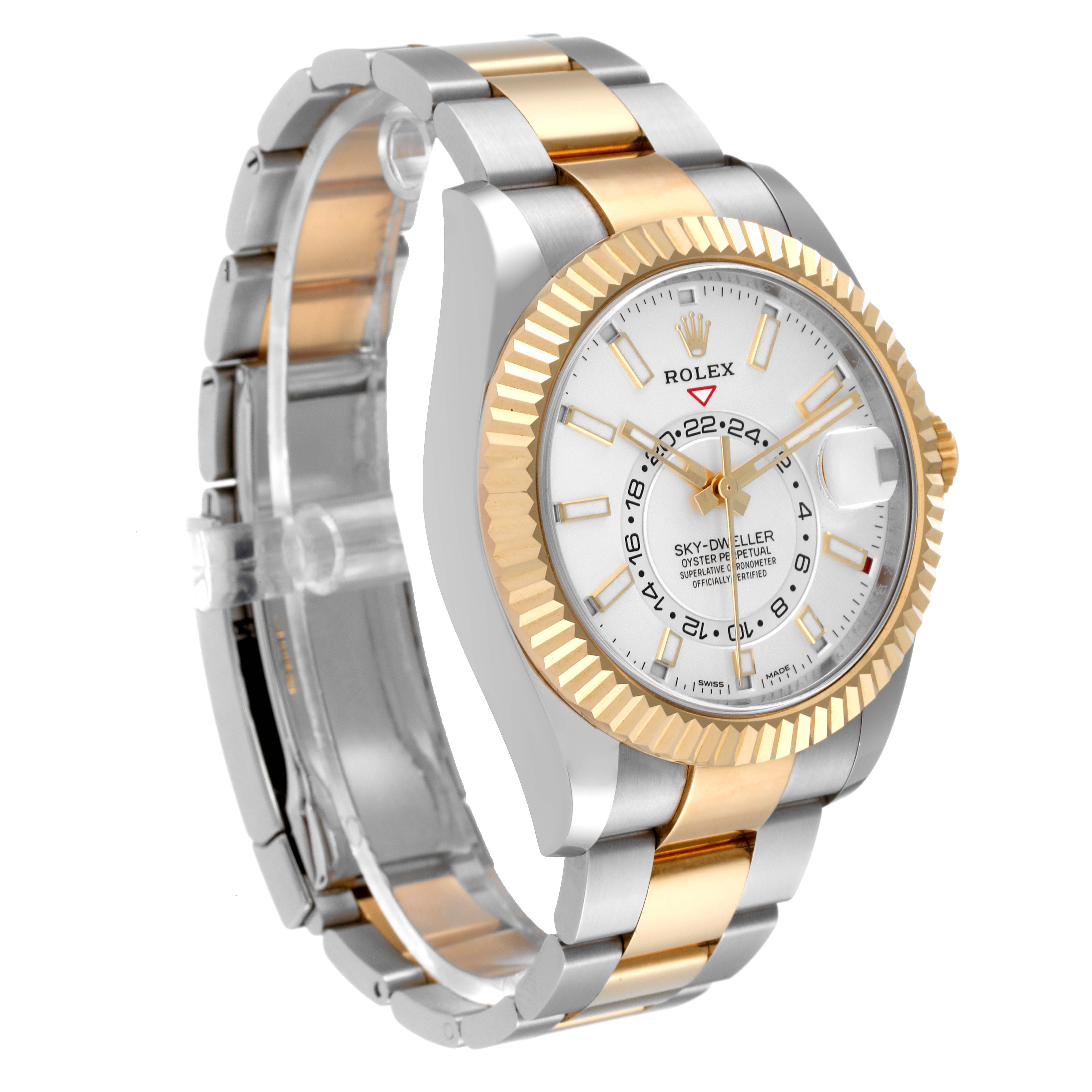 The image shows a side angle of a Rolex Sky-Dweller 326933 Men's Steel and Gold (two tone) White Dial 326933 Men's Steel and Gold (two tone) White Dial watch, highlighting the band, case, dial, and bezel.