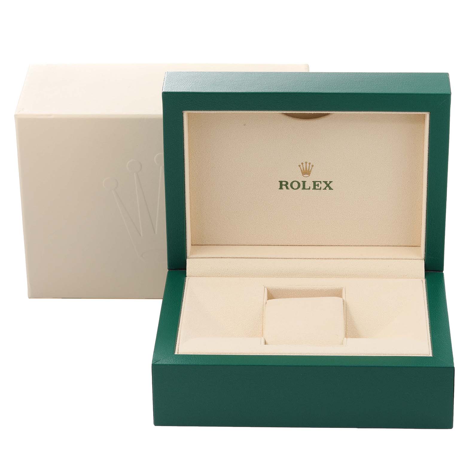 The image shows an open and empty Rolex Sky-Dweller 326933 Men's Steel and Gold (two tone) White Dial 326933 Men's Steel and Gold (two tone) White Dial watch box with the inner beige cushion and the outer packaging.