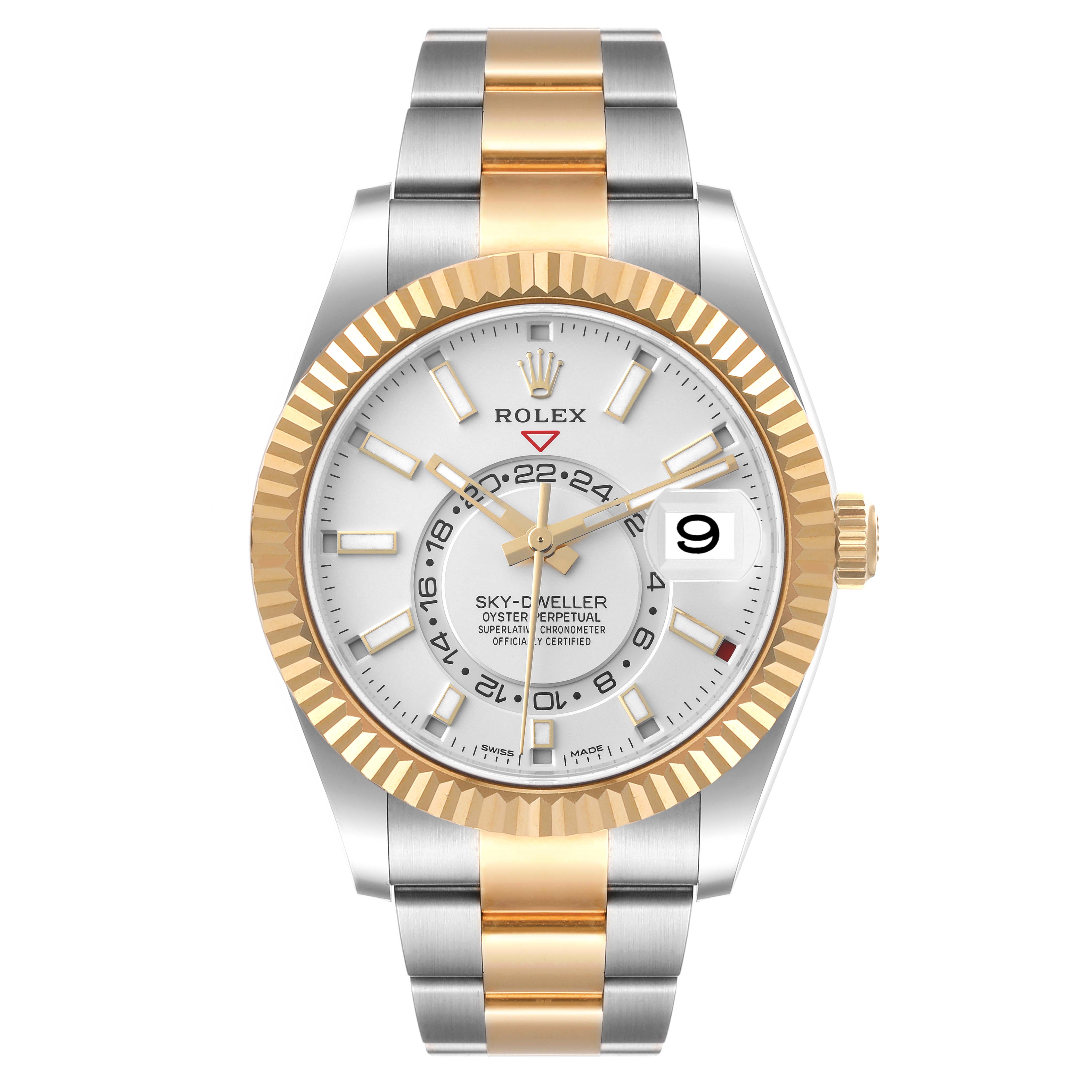 The image shows a front view of the Rolex Sky-Dweller 326933 Men's Steel and Gold (two tone) White Dial 326933 Men's Steel and Gold (two tone) White Dial watch, displaying its dial, bezel, bracelet, and crown.
