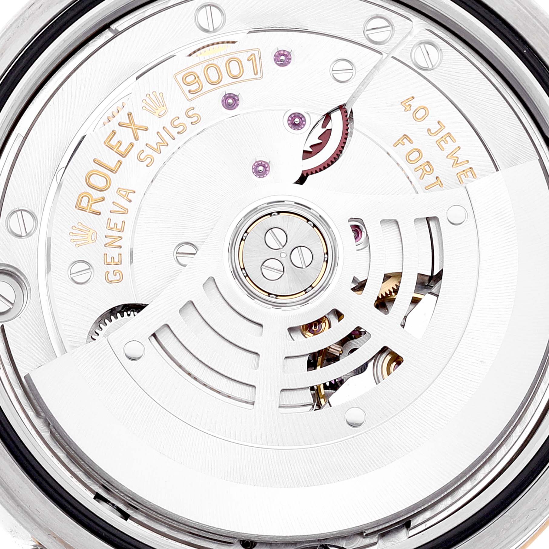 This image shows the intricate inner mechanics and rotor of the Rolex Sky-Dweller 326933 Men's Steel and Gold (two tone) White Dial 326933 Men's Steel and Gold (two tone) White Dial's movement from a top-down view.