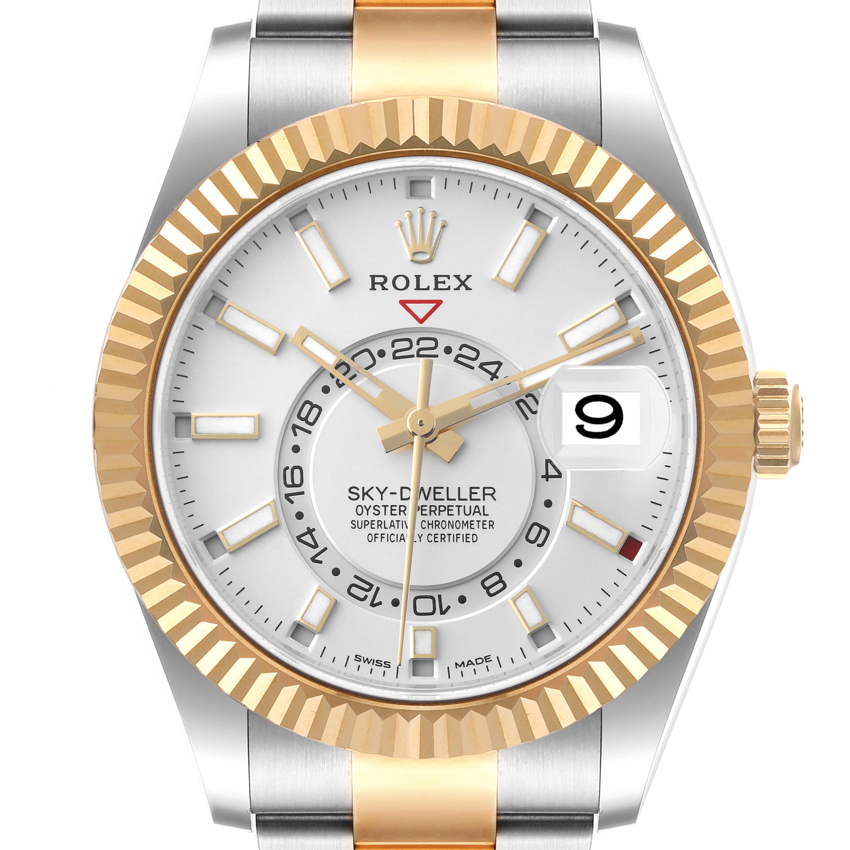The image shows a front view of a Rolex Sky-Dweller 326933 Men's Steel and Gold (two tone) White Dial 326933 Men's Steel and Gold (two tone) White Dial watch, highlighting the dial, bezel, hands, and bracelet.