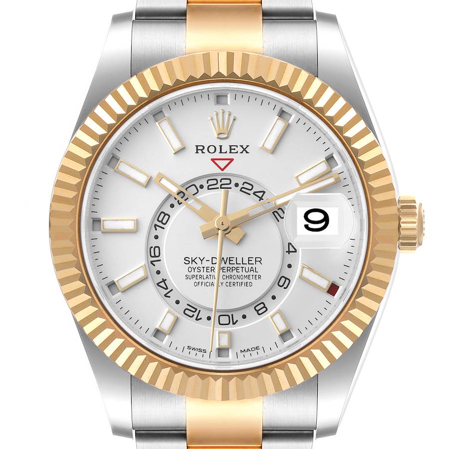 Rolex Sky Dweller Yellow Gold Steel White Dial Mens Watch 326933 SwissWatchExpo