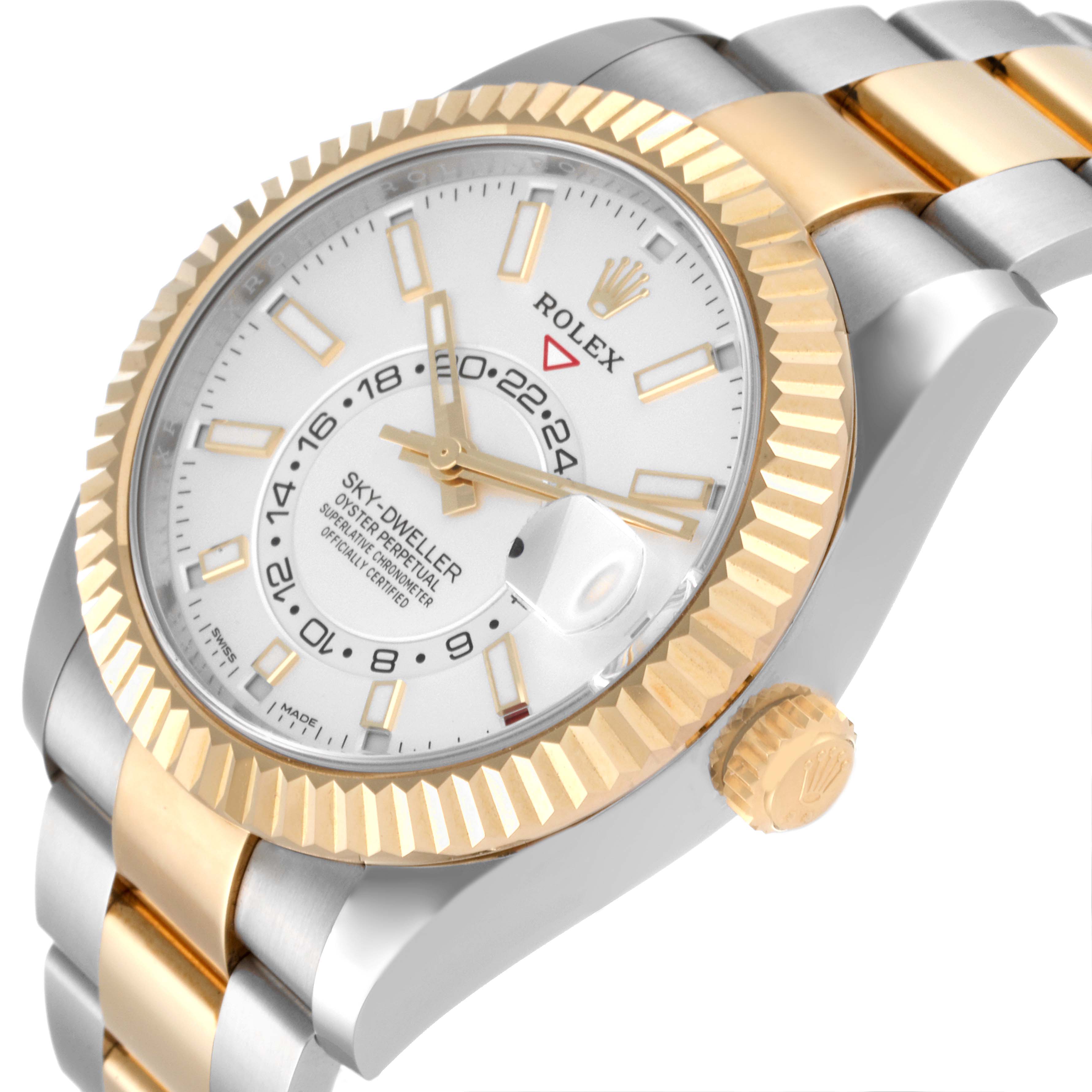 The image shows a tilted side view of a Rolex Sky-Dweller 326933 Men's Steel and Gold (two tone) White Dial 326933 Men's Steel and Gold (two tone) White Dial watch, highlighting the bezel, dial, crown, and bracelet.
