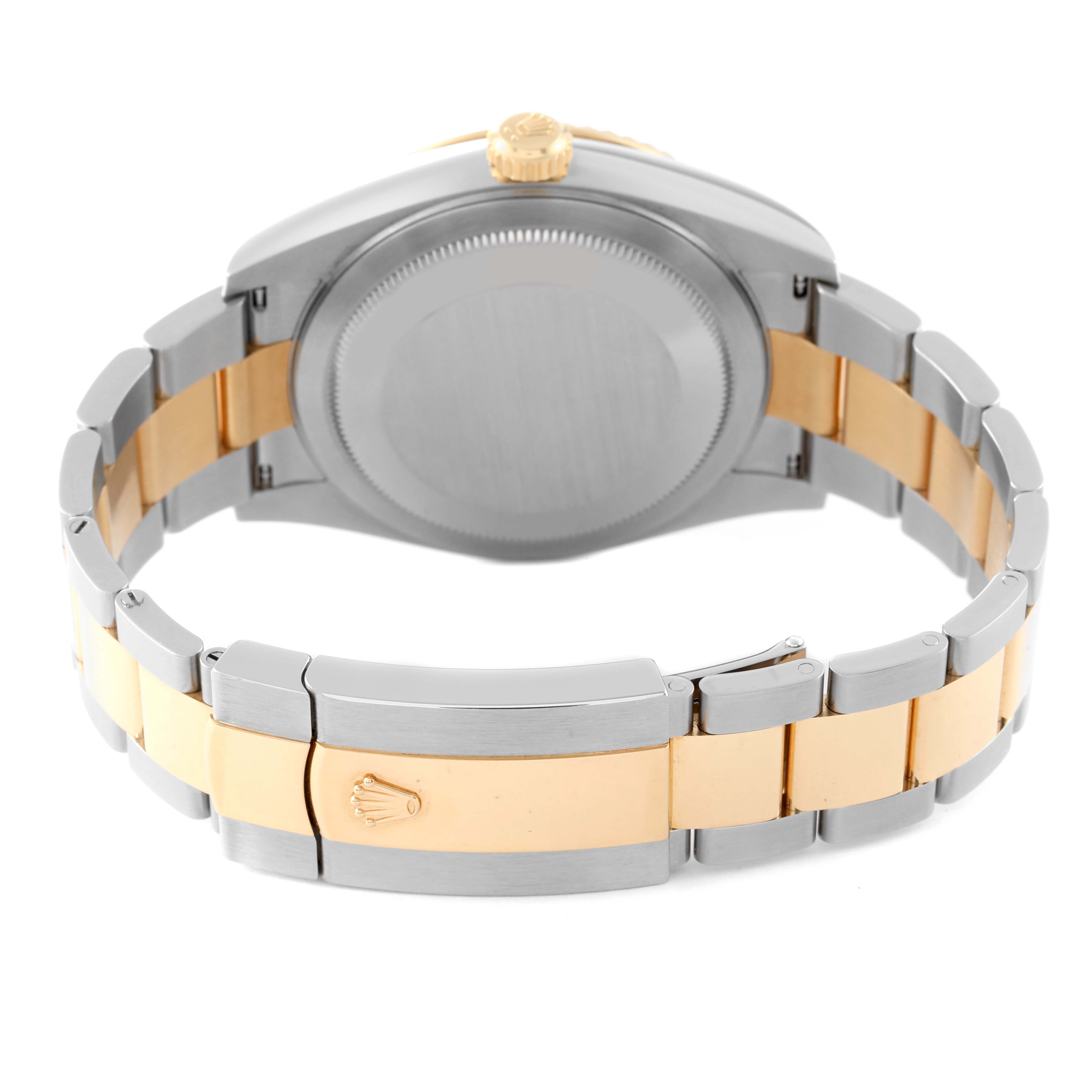 This image shows the back case and bracelet of a Rolex Sky-Dweller 326933 Men's Steel and Gold (two tone) White Dial 326933 Men's Steel and Gold (two tone) White Dial watch, angled to display the clasp and crown.