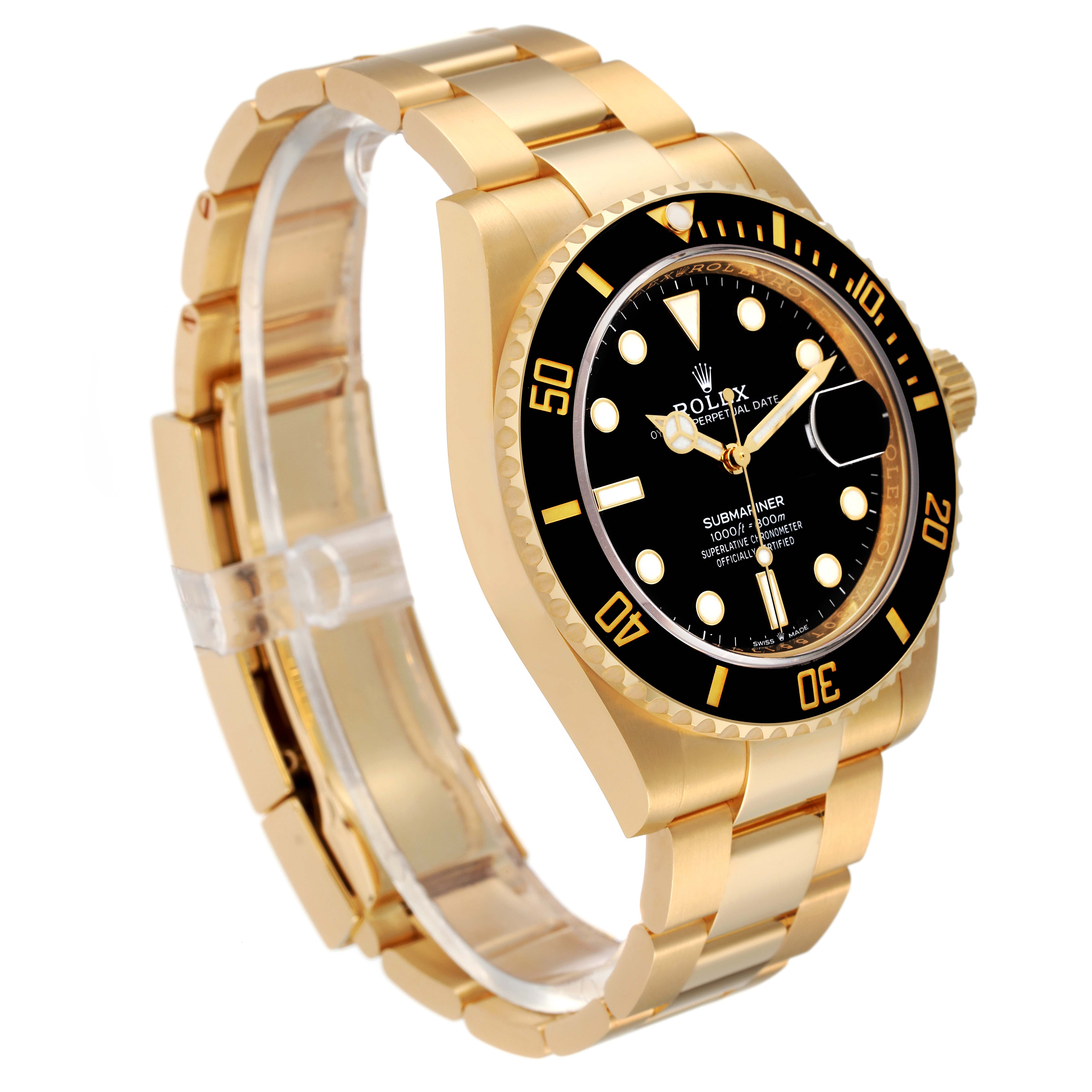 This image displays a Rolex Submariner 126618 Men
s Yellow Gold Black Dial 126618 Men
s Yellow Gold Black Dial watch from an angled side view, highlighting the gold bracelet, black dial, and bezel.