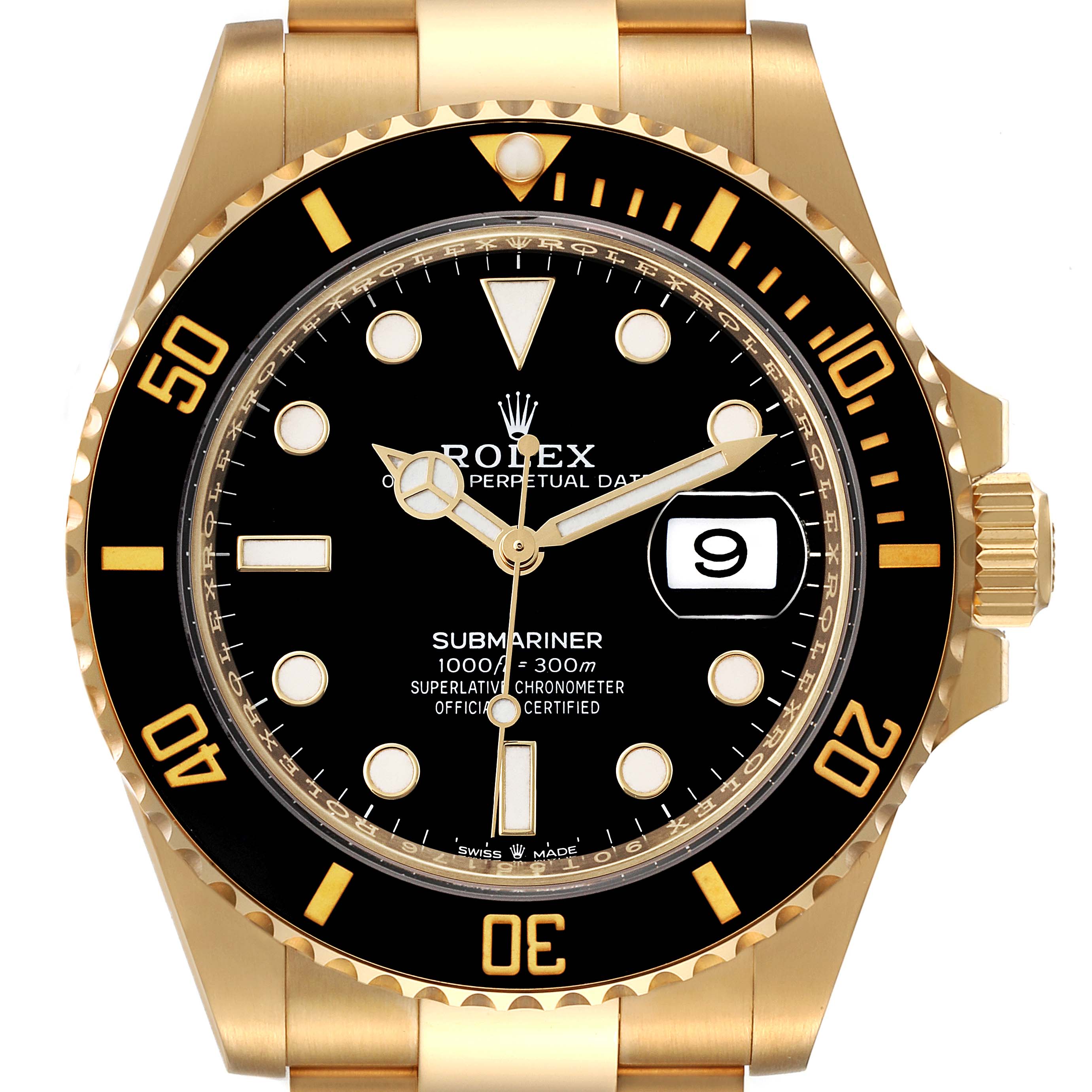This image shows a Rolex Submariner 126618 Men
s Yellow Gold Black Dial 126618 Men
s Yellow Gold Black Dial watch from a front view, highlighting its black dial, date window, and rotating bezel.