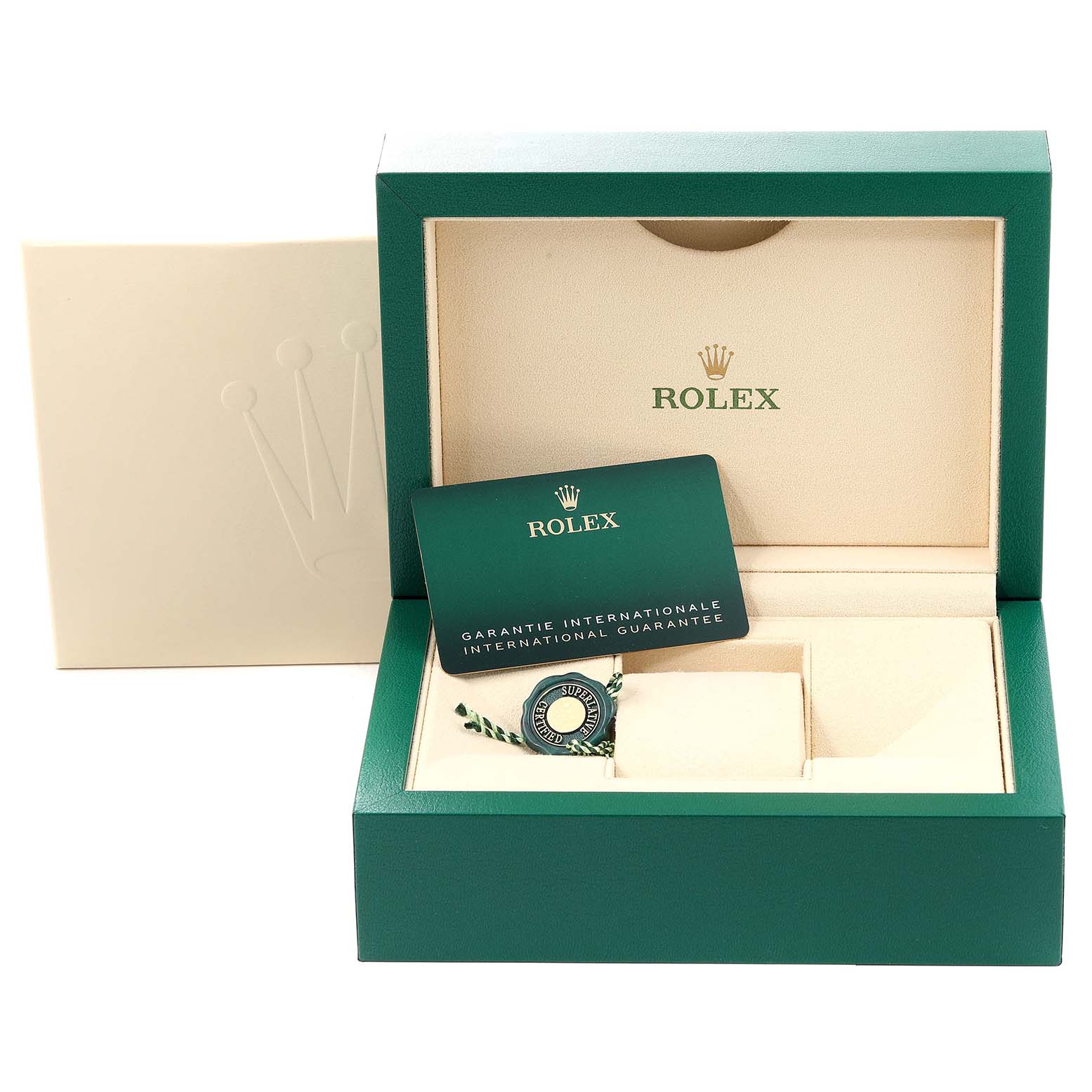 The image shows the open packaging of a Rolex Submariner 126618 Men
s Yellow Gold Black Dial 126618 Men
s Yellow Gold Black Dial watch, including the box, warranty card, and hang tag.