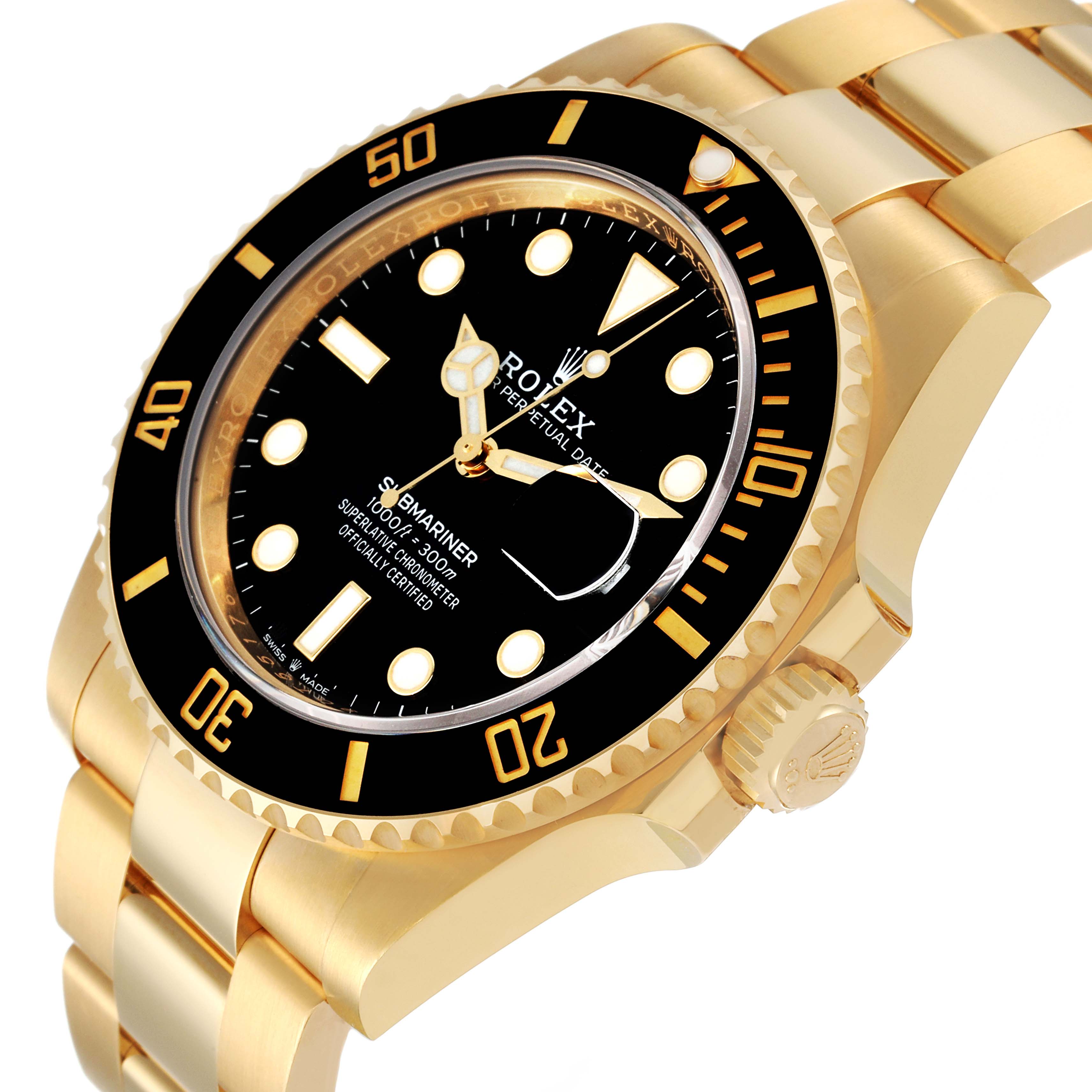 This image shows the face, bezel, case, and band of the Rolex Submariner 126618 Men
s Yellow Gold Black Dial 126618 Men
s Yellow Gold Black Dial watch from a slight side angle.