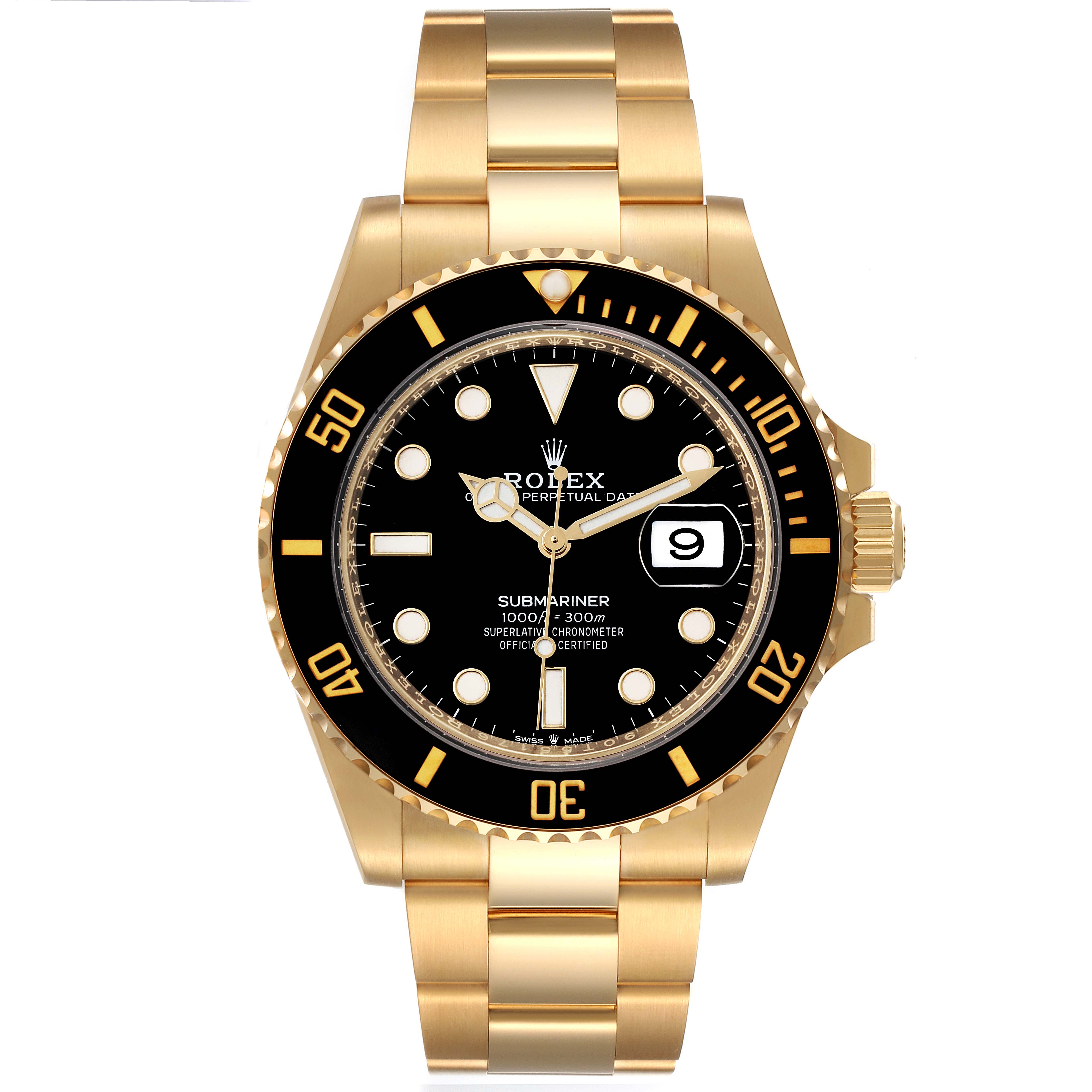 This image shows a front view of a Rolex Submariner 126618 Men
s Yellow Gold Black Dial 126618 Men
s Yellow Gold Black Dial watch with a gold bracelet and black bezel and dial.