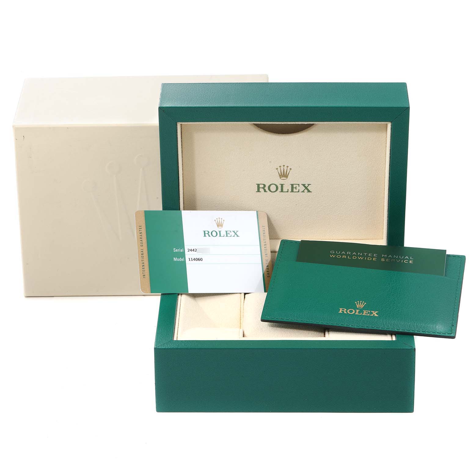 The image shows an open Rolex Submariner 114060 Men
s Stainless Steel Black Dial 114060 Men
s Stainless Steel Black Dial watch box, guarantee manual, warranty card, and outer box packaging.