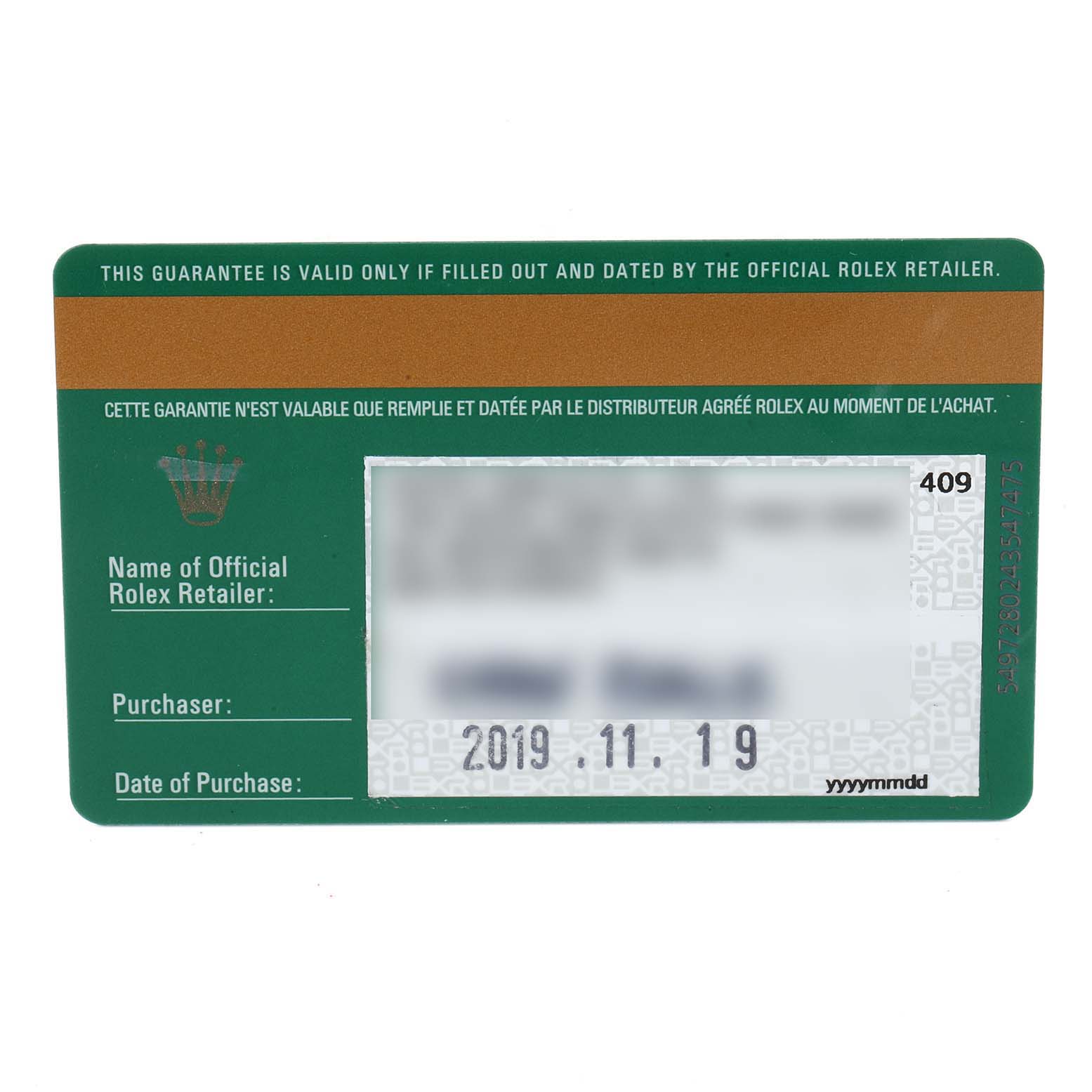 The image shows the warranty card for a Rolex Submariner 114060 Men
s Stainless Steel Black Dial 114060 Men
s Stainless Steel Black Dial, detailing the purchase date and retailer information.