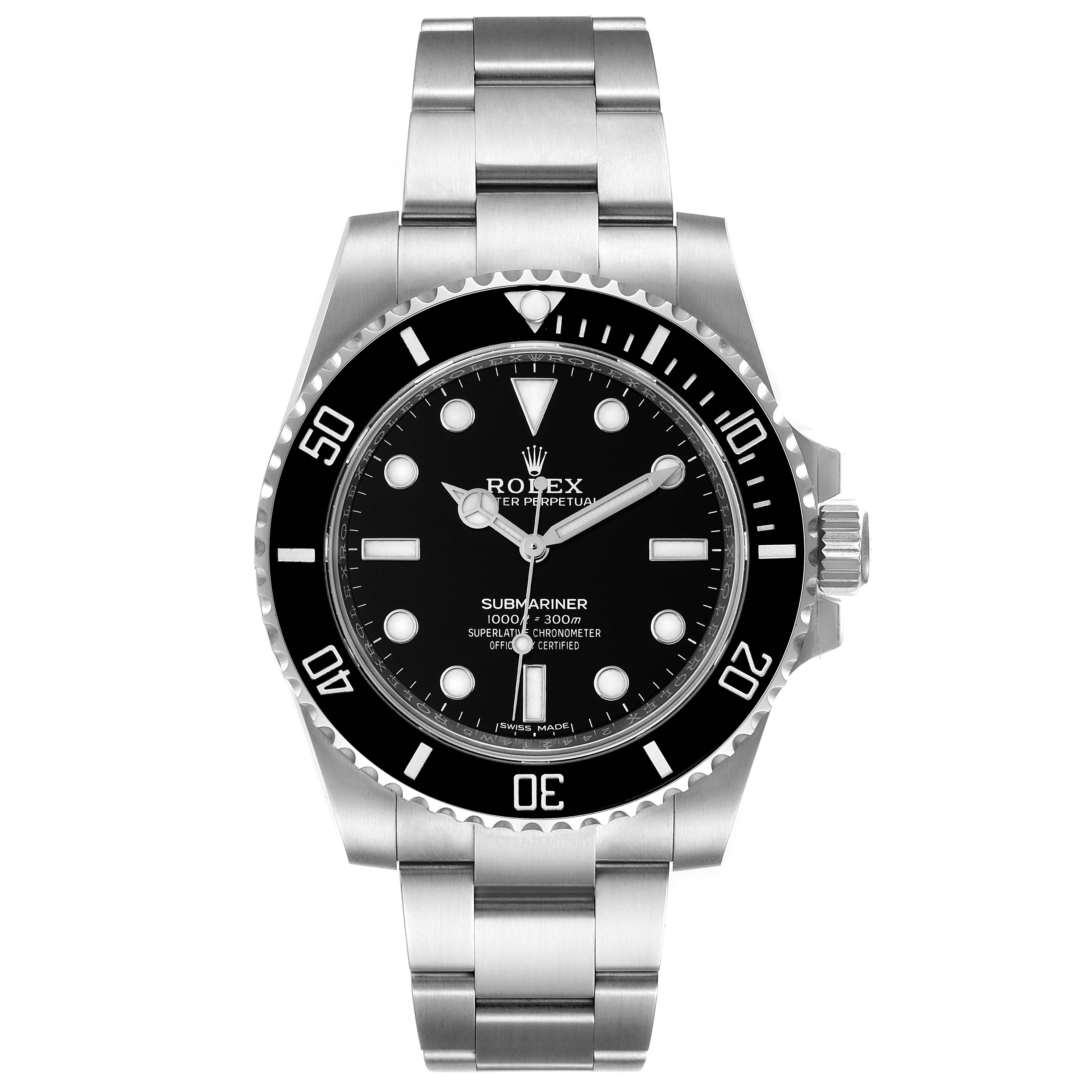 The image shows a Rolex Submariner 114060 Men
s Stainless Steel Black Dial 114060 Men
s Stainless Steel Black Dial watch from a top-down view, displaying the full watch face, bezel, and bracelet.