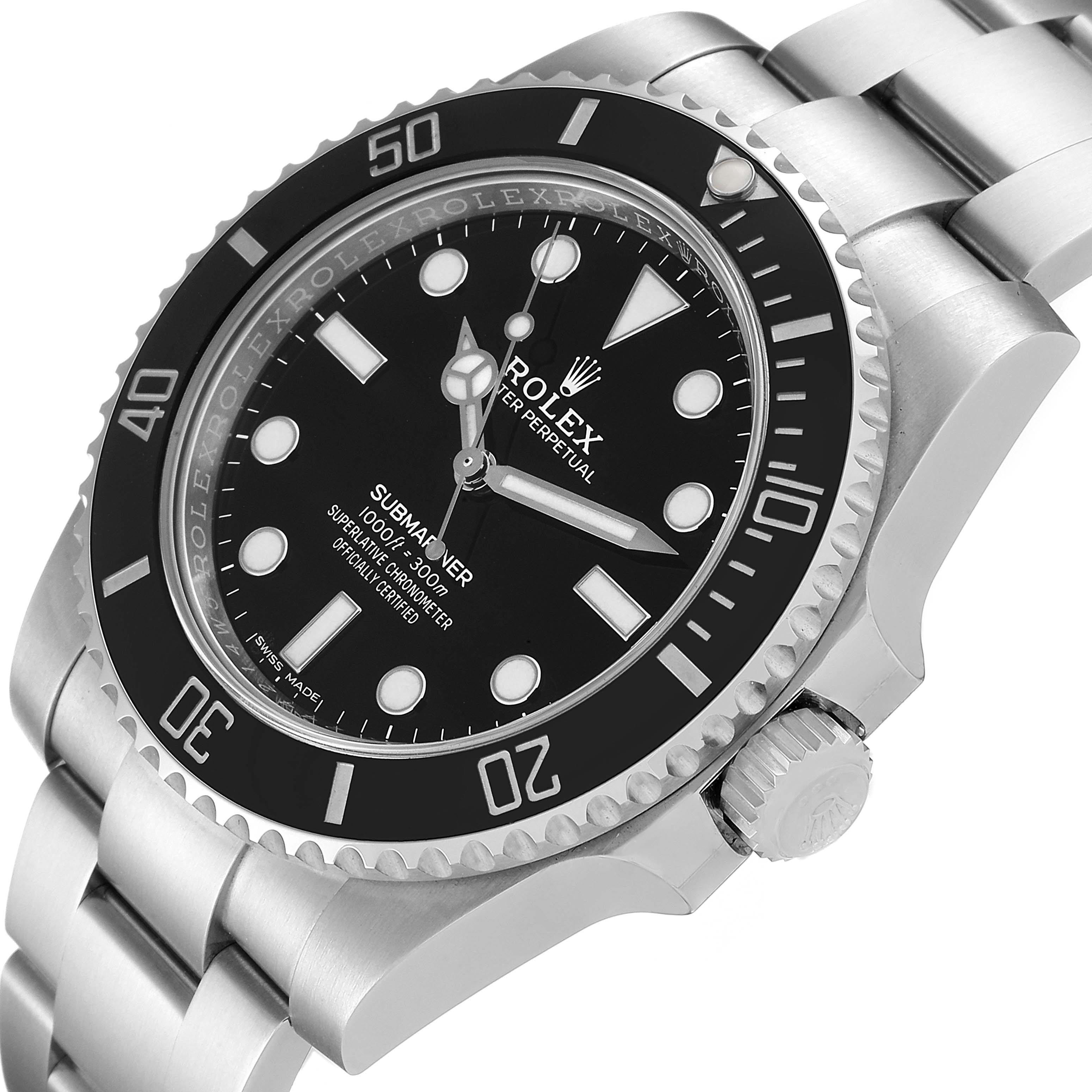 The image shows a close-up angle of the Rolex Submariner 114060 Men
s Stainless Steel Black Dial 114060 Men
s Stainless Steel Black Dial watch, highlighting its dial, bezel, case, and part of the bracelet.
