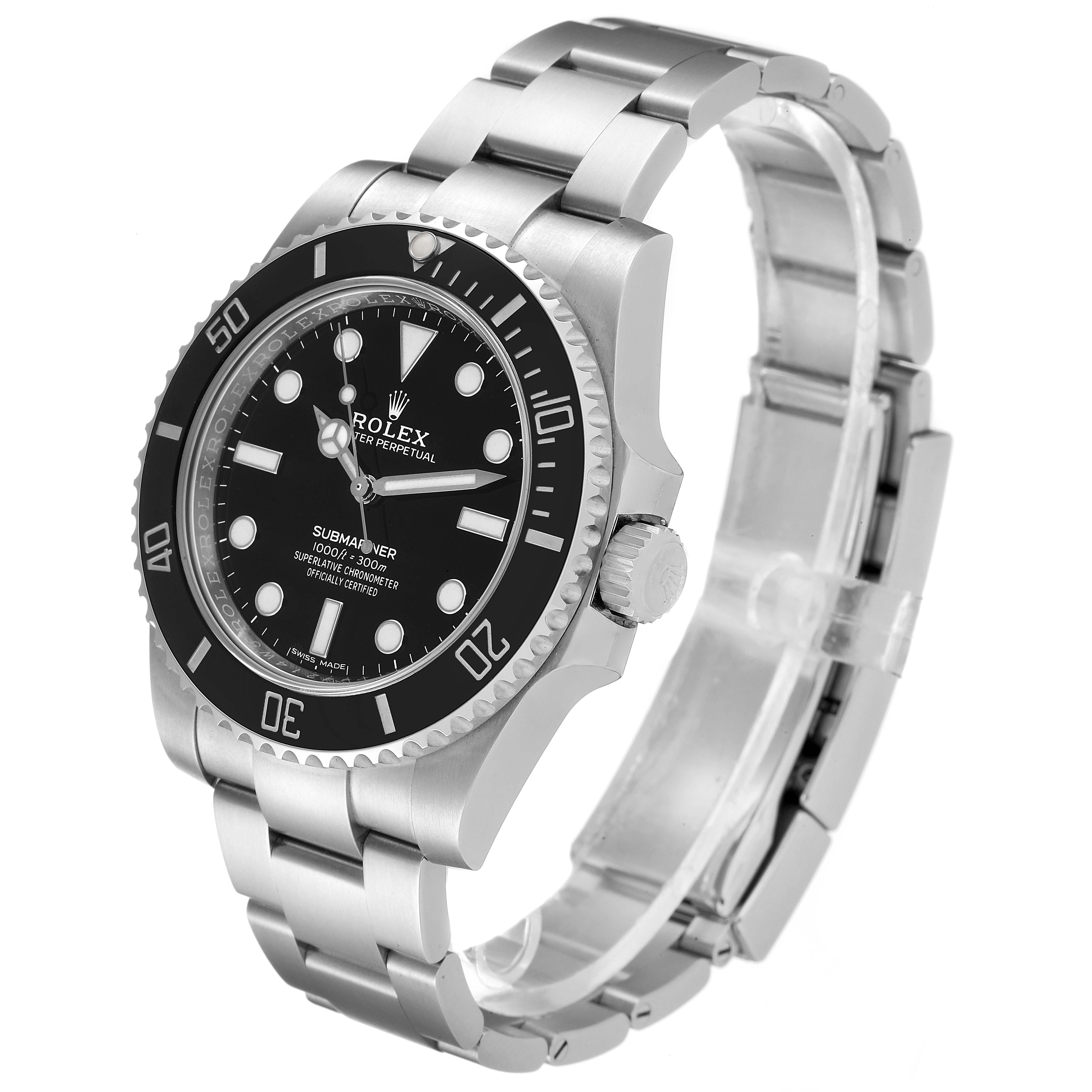 This image shows a side-angle view of the Rolex Submariner 114060 Men
s Stainless Steel Black Dial 114060 Men
s Stainless Steel Black Dial watch, highlighting its dial, bezel, and bracelet.