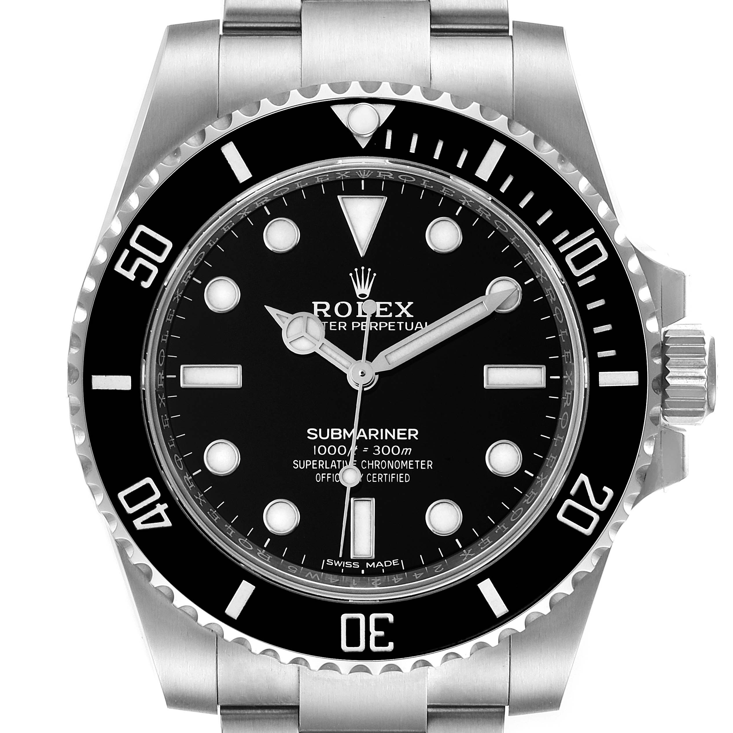 The Rolex Submariner 114060 Men
s Stainless Steel Black Dial 114060 Men
s Stainless Steel Black Dial watch is shown from a front-facing angle, displaying the dial, bezel, and part of the bracelet.