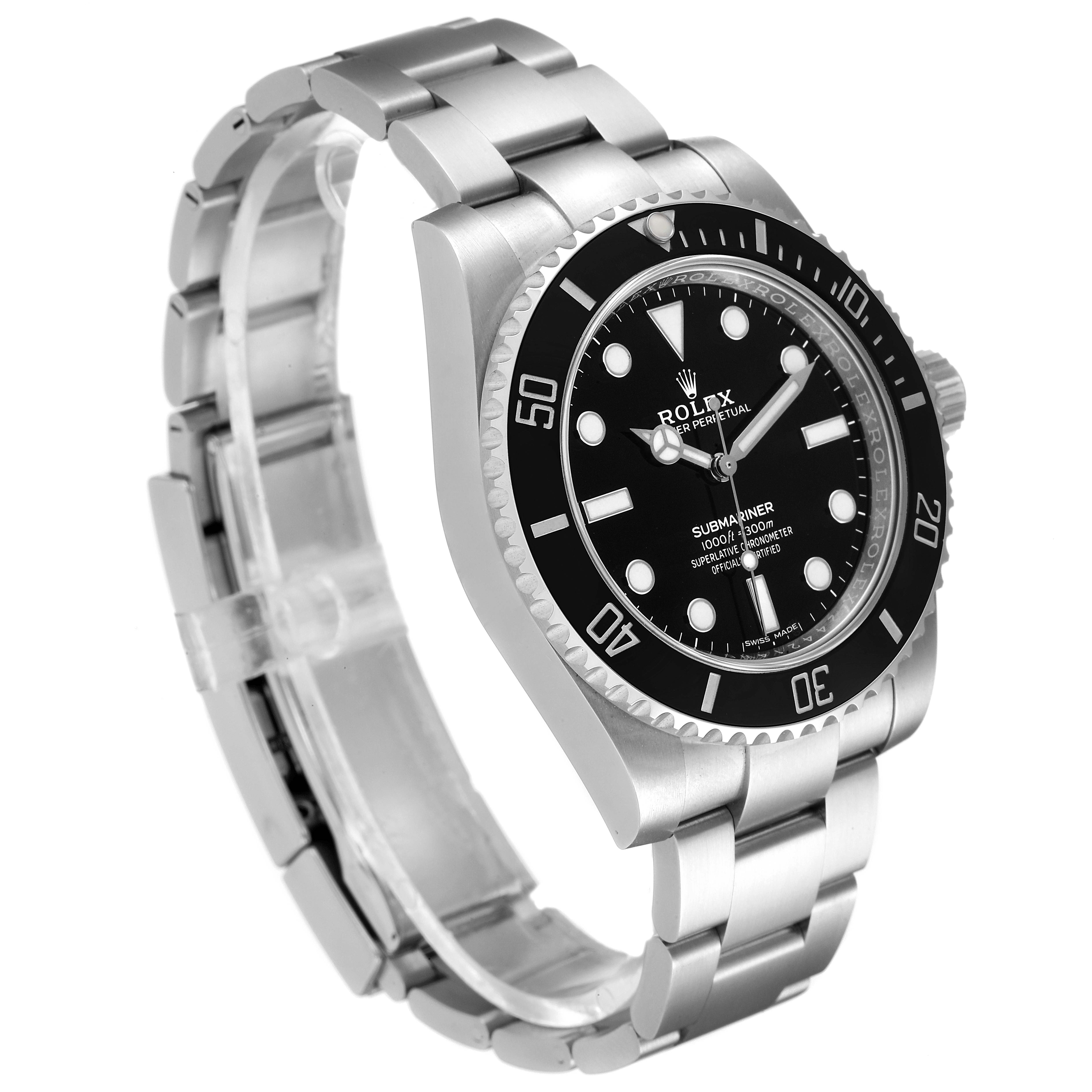 This image shows a left-side angled view of the Rolex Submariner 114060 Men
s Stainless Steel Black Dial 114060 Men
s Stainless Steel Black Dial, highlighting its bezel, dial, and stainless steel bracelet.