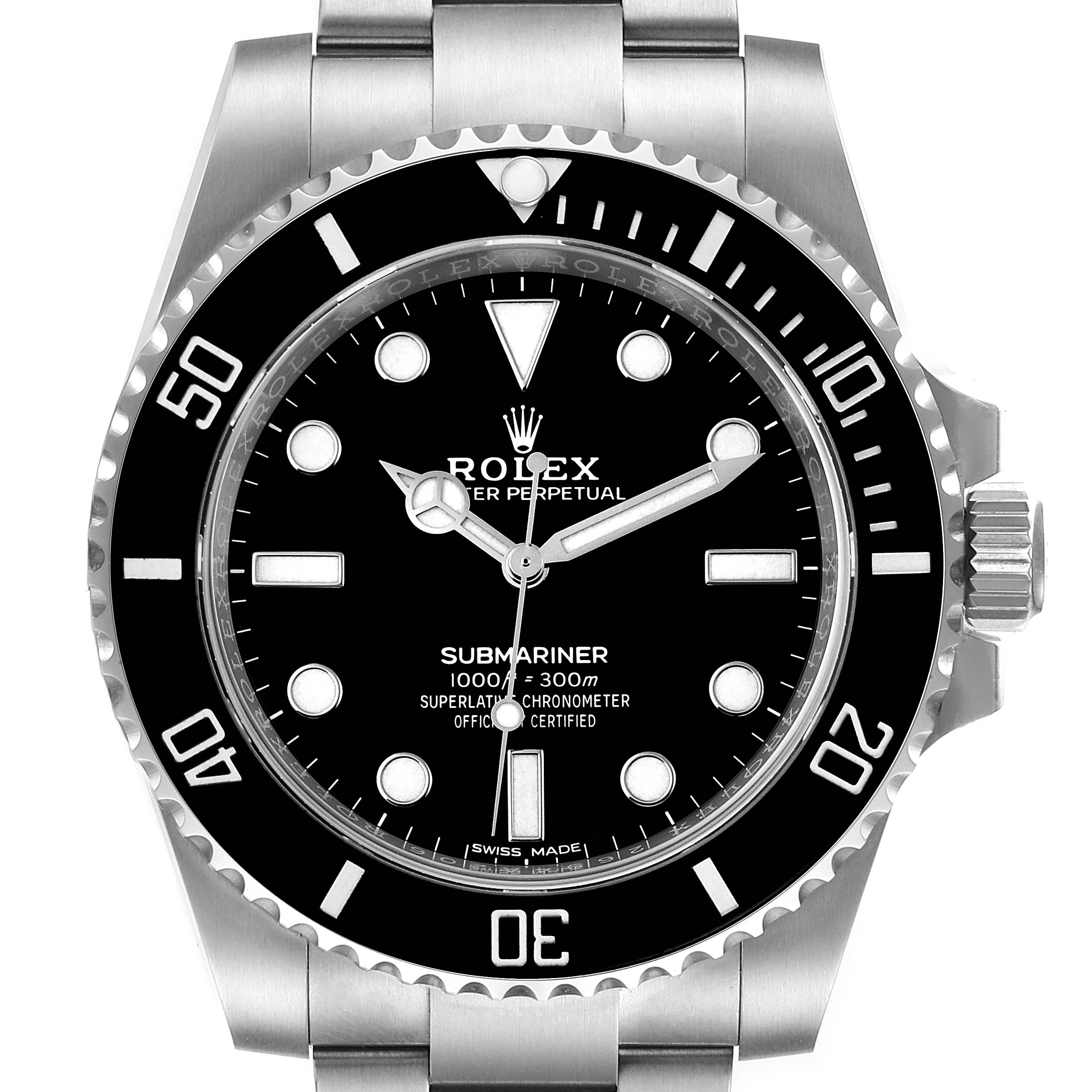 The image shows a front view of a Rolex Submariner 114060 Men
s Stainless Steel Black Dial 114060 Men
s Stainless Steel Black Dial watch, highlighting the dial, bezel, and part of the bracelet.