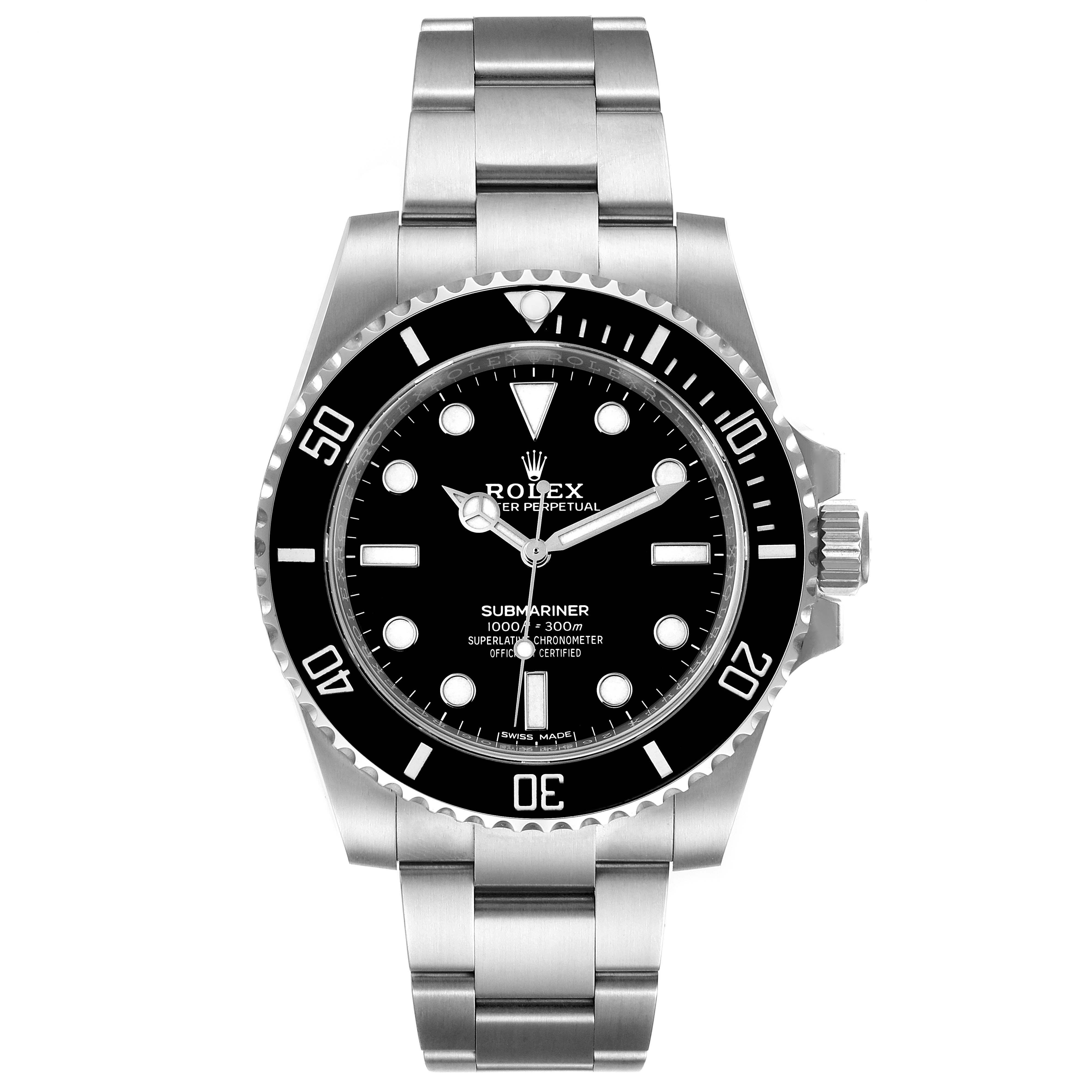 This image shows a front view of the Rolex Submariner 114060 Men
s Stainless Steel Black Dial 114060 Men
s Stainless Steel Black Dial watch, highlighting its dial, bezel, and bracelet.