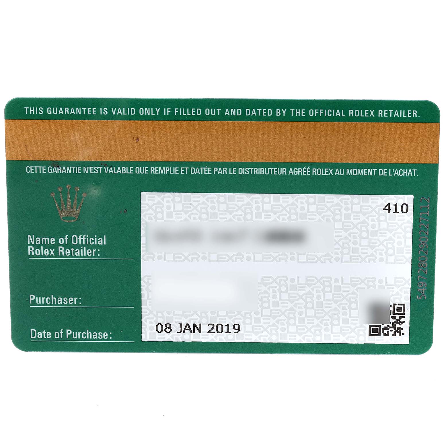 This image shows a warranty card for the Rolex Submariner 114060 Men
s Stainless Steel Black Dial 114060 Men
s Stainless Steel Black Dial model.