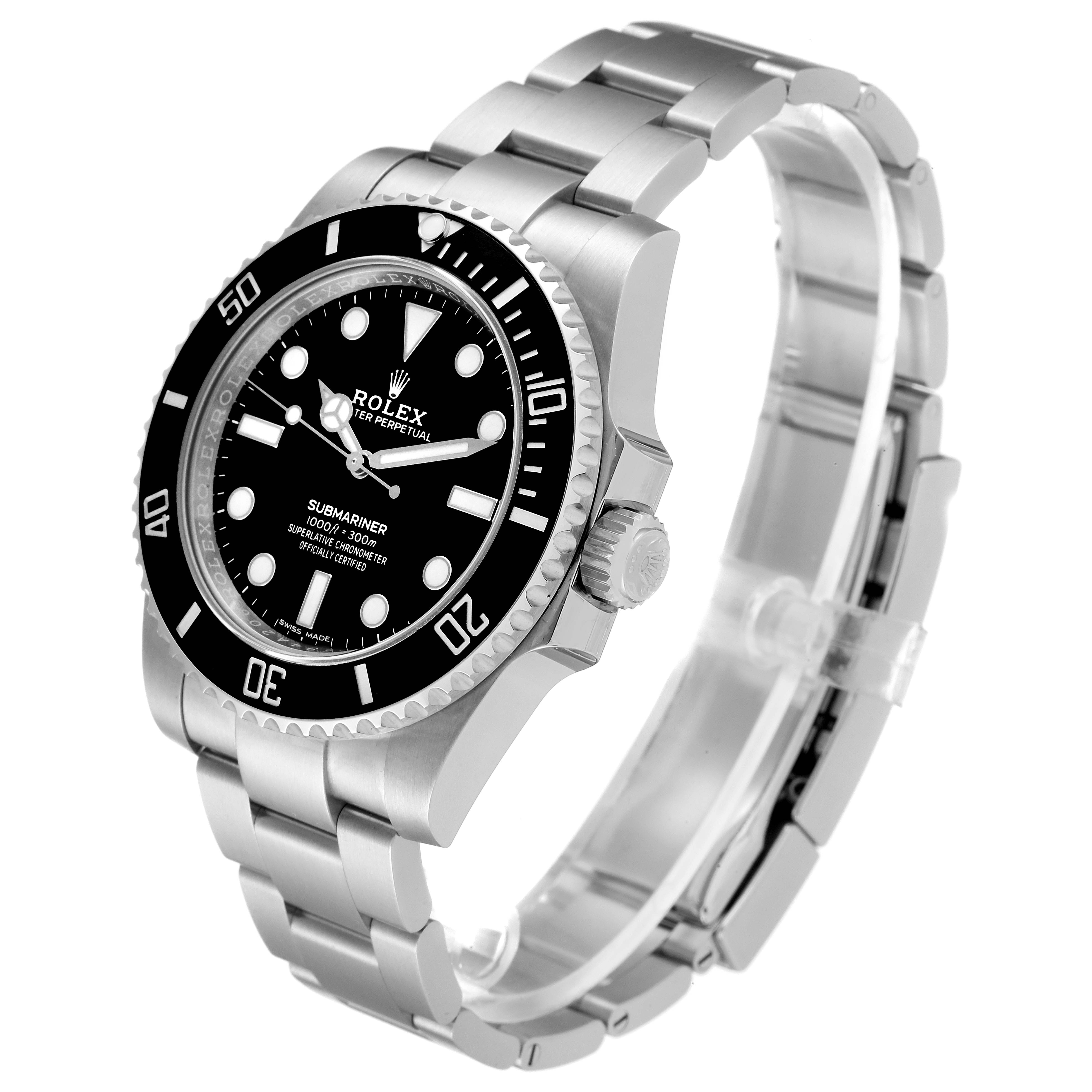The Rolex Submariner 114060 Men
s Stainless Steel Black Dial 114060 Men
s Stainless Steel Black Dial watch is shown at an angle, highlighting the bezel, dial, crown, and stainless steel bracelet.