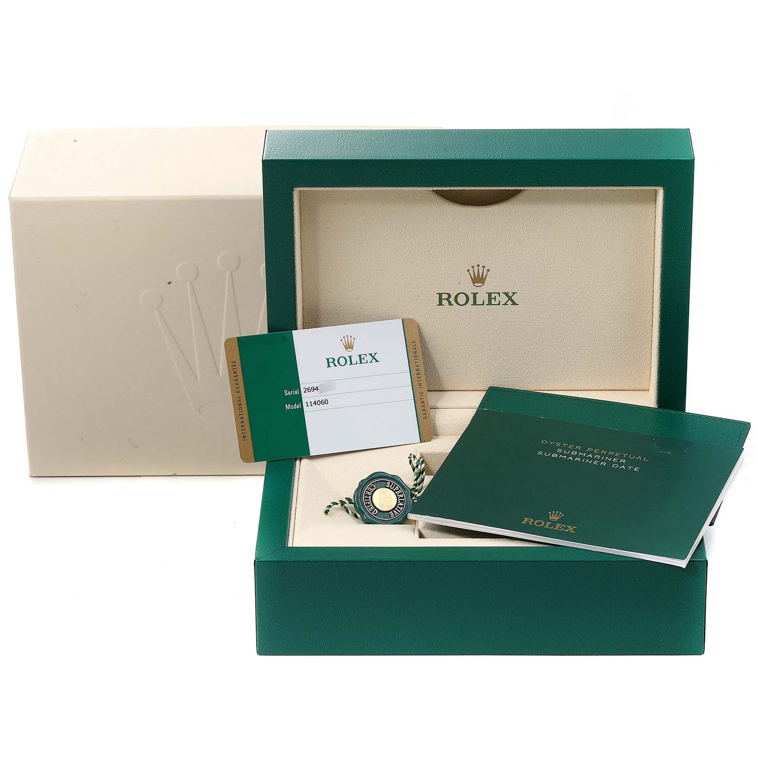 The image shows the packaging, warranty card, and booklet for a Rolex Submariner 114060 Men
s Stainless Steel Black Dial 114060 Men
s Stainless Steel Black Dial watch, displayed from the front.