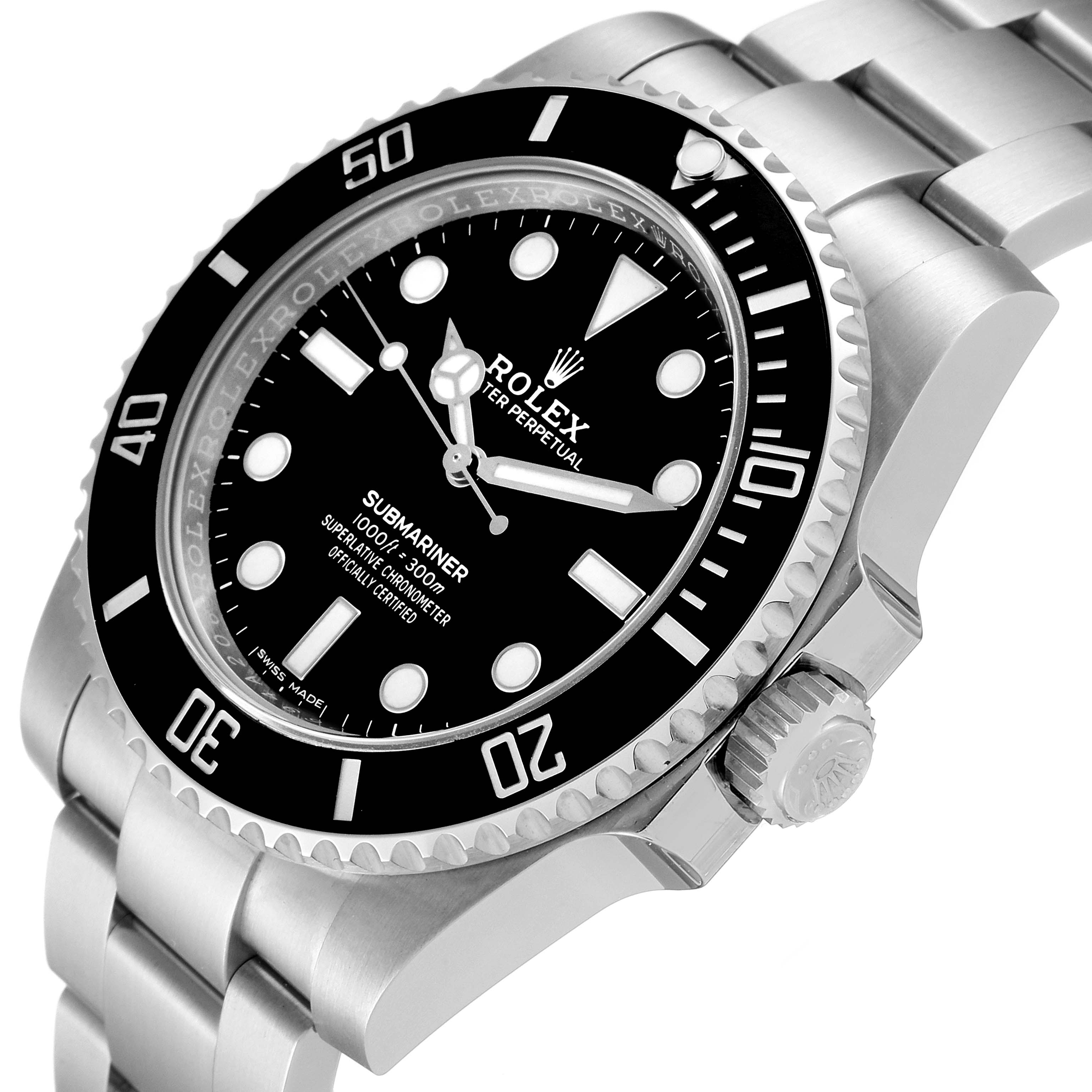 This image shows a close-up side angle of the Rolex Submariner 114060 Men
s Stainless Steel Black Dial 114060 Men
s Stainless Steel Black Dial watch, highlighting the dial, bezel, crown, and part of the bracelet.