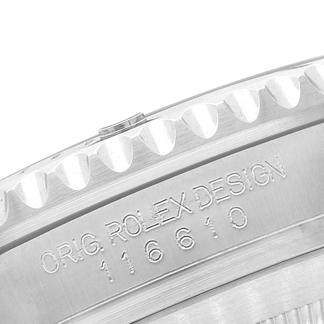 Close-up angle of the case side showing the bezel and engraved brand/design details of the Rolex Submariner 116610 Men
s Stainless Steel Black Dial 116610 Men
s Stainless Steel Black Dial.