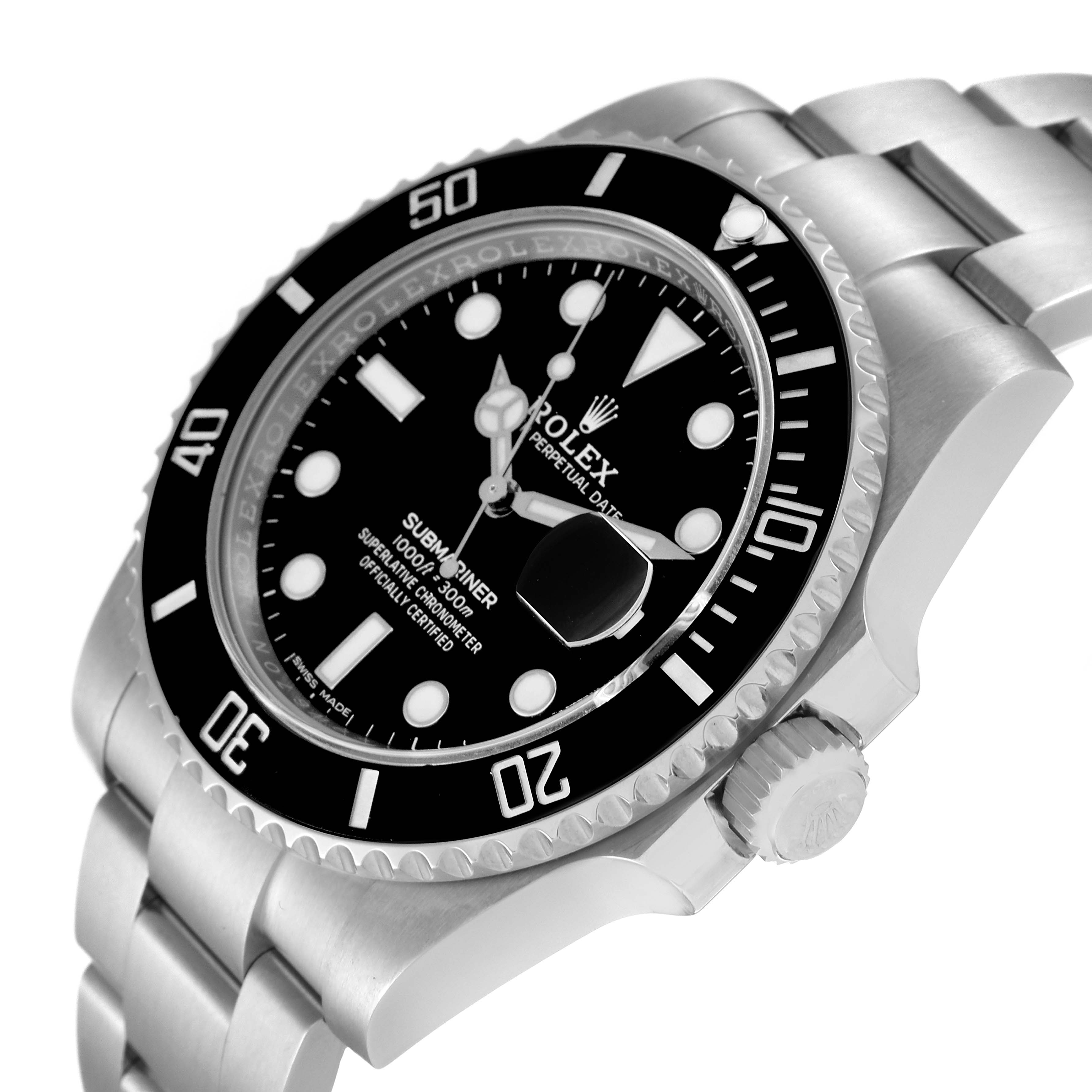 The image shows a close-up side view of the Rolex Submariner 116610 Men
s Stainless Steel Black Dial 116610 Men
s Stainless Steel Black Dial watch, focusing on its bezel, dial, crown, and bracelet.