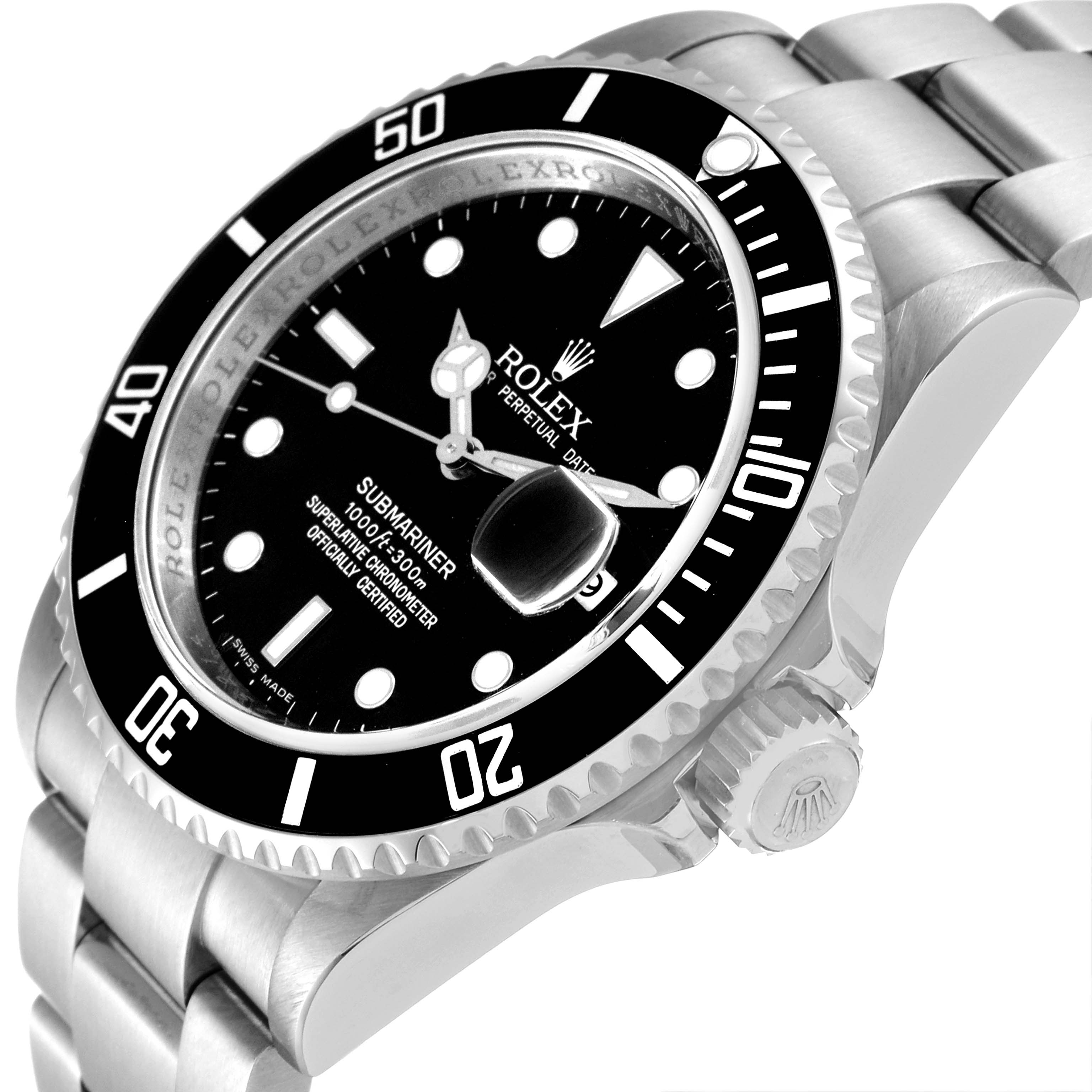 Side and partial top view of the Rolex Submariner 16610 Men
s Stainless Steel Black Dial 16610 Men
s Stainless Steel Black Dial, showcasing the dial, bezel, crown, and part of the bracelet.