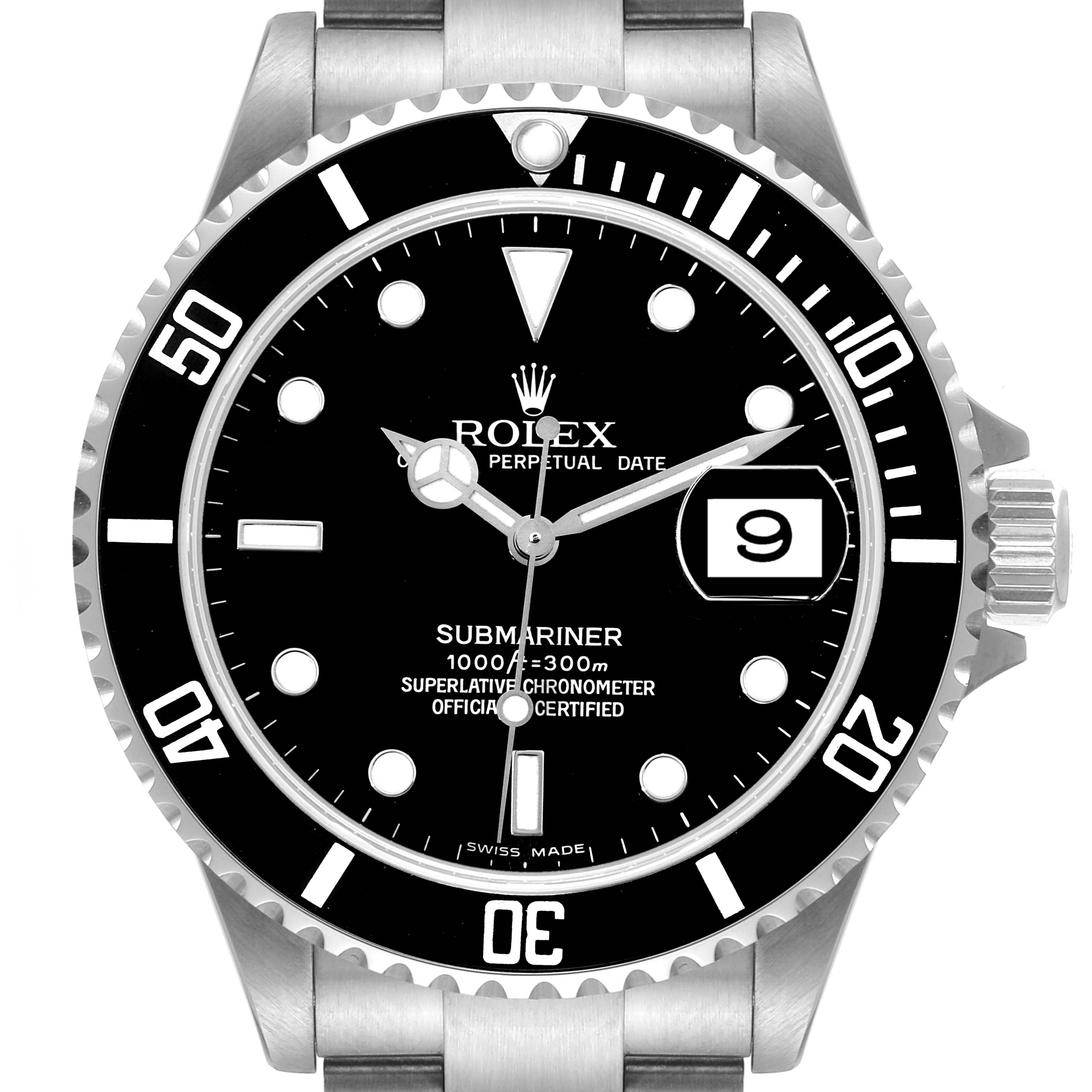 This image shows a frontal view of a Rolex Submariner 16610 Men
s Stainless Steel Black Dial 16610 Men
s Stainless Steel Black Dial watch, including the dial, bezel, and part of the bracelet.