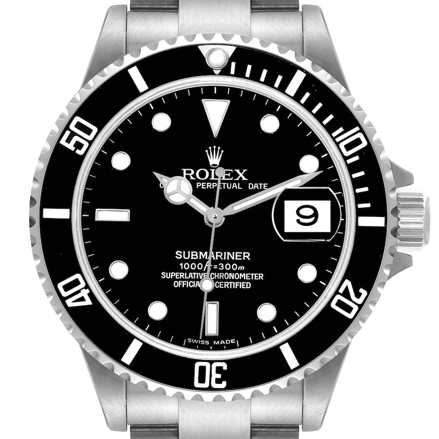 This image shows a frontal view of a Rolex Submariner watch, including the dial, bezel, and part of the bracelet.