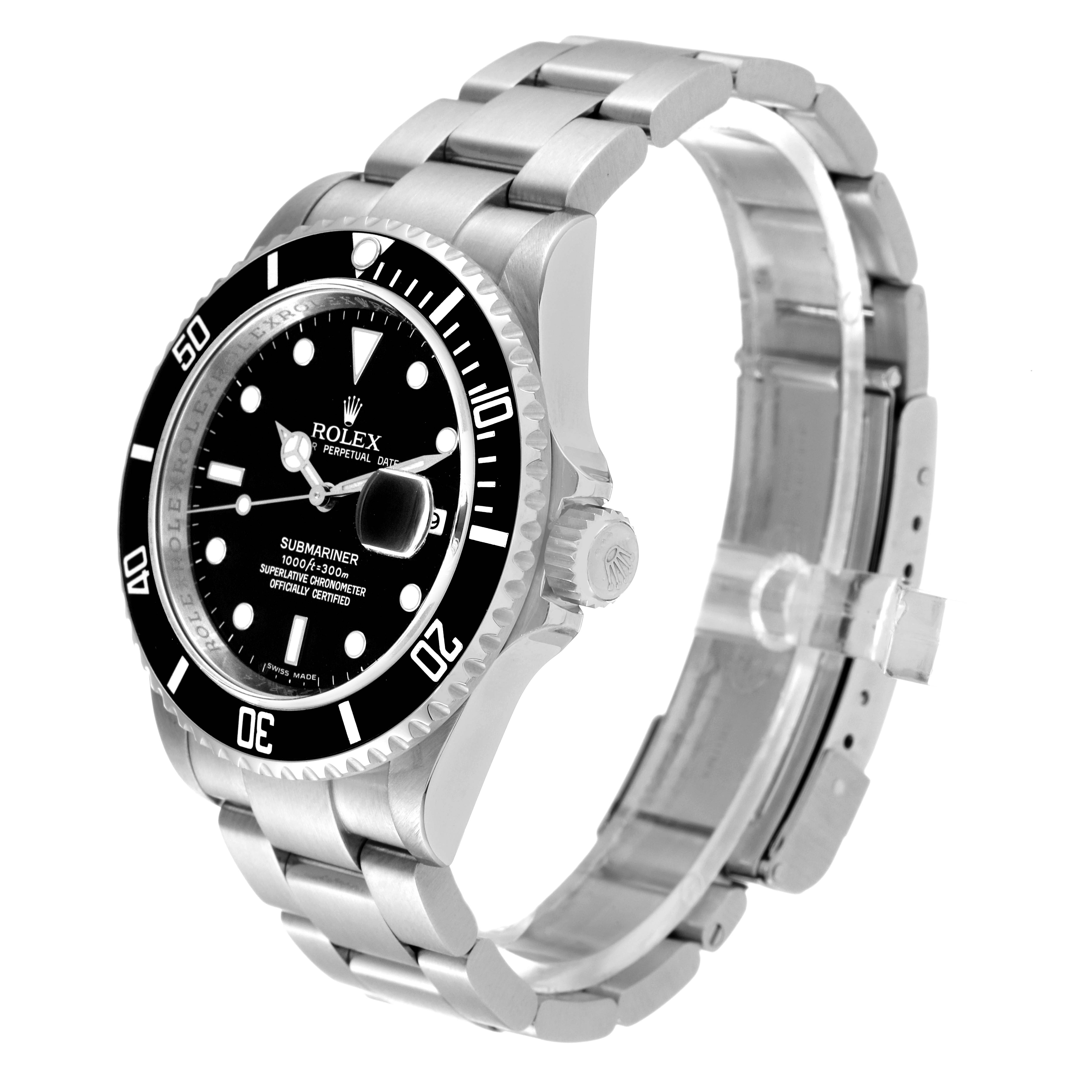 The Rolex Submariner 16610 Men
s Stainless Steel Black Dial 16610 Men
s Stainless Steel Black Dial watch is shown at an angle emphasizing the dial, bezel, crown, and bracelet.