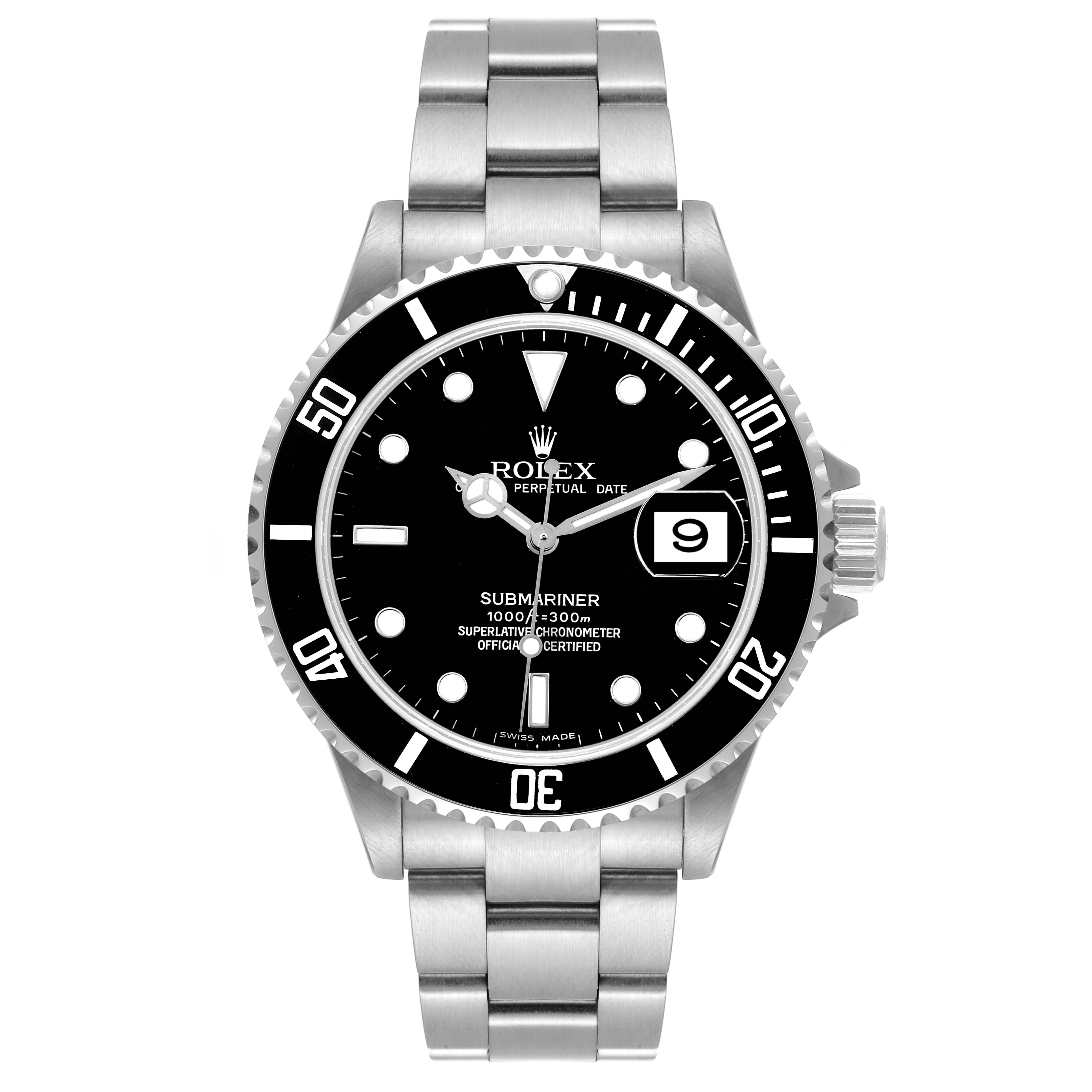 The Rolex Submariner 16610 Men
s Stainless Steel Black Dial 16610 Men
s Stainless Steel Black Dial watch is shown from a front angle, displaying its dial, bezel, and bracelet.