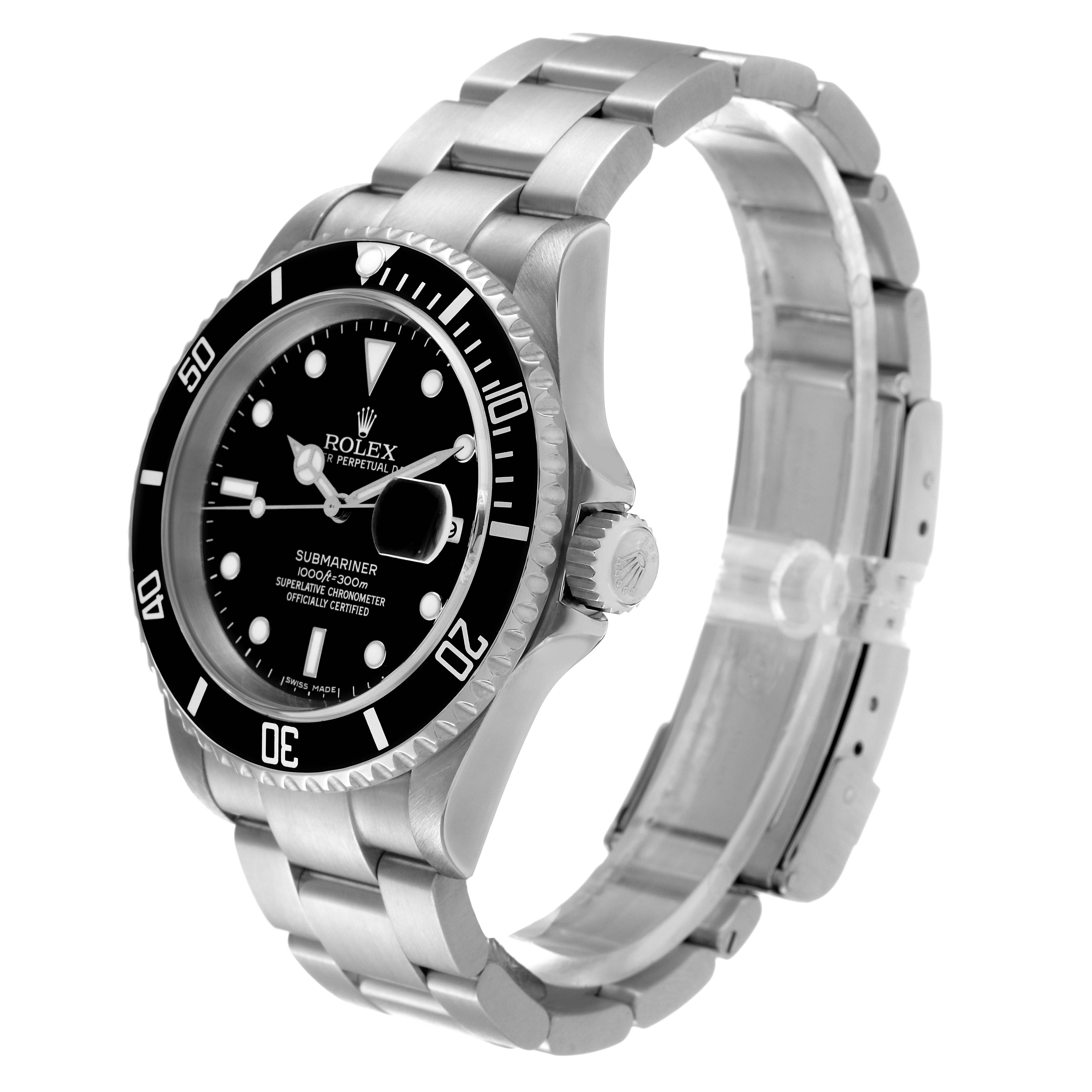 The image shows an angled view of a Rolex Submariner 16610 Men's Stainless Steel Black Dial 16610 Men's Stainless Steel Black Dial watch displaying the dial, bezel, crown, and bracelet.