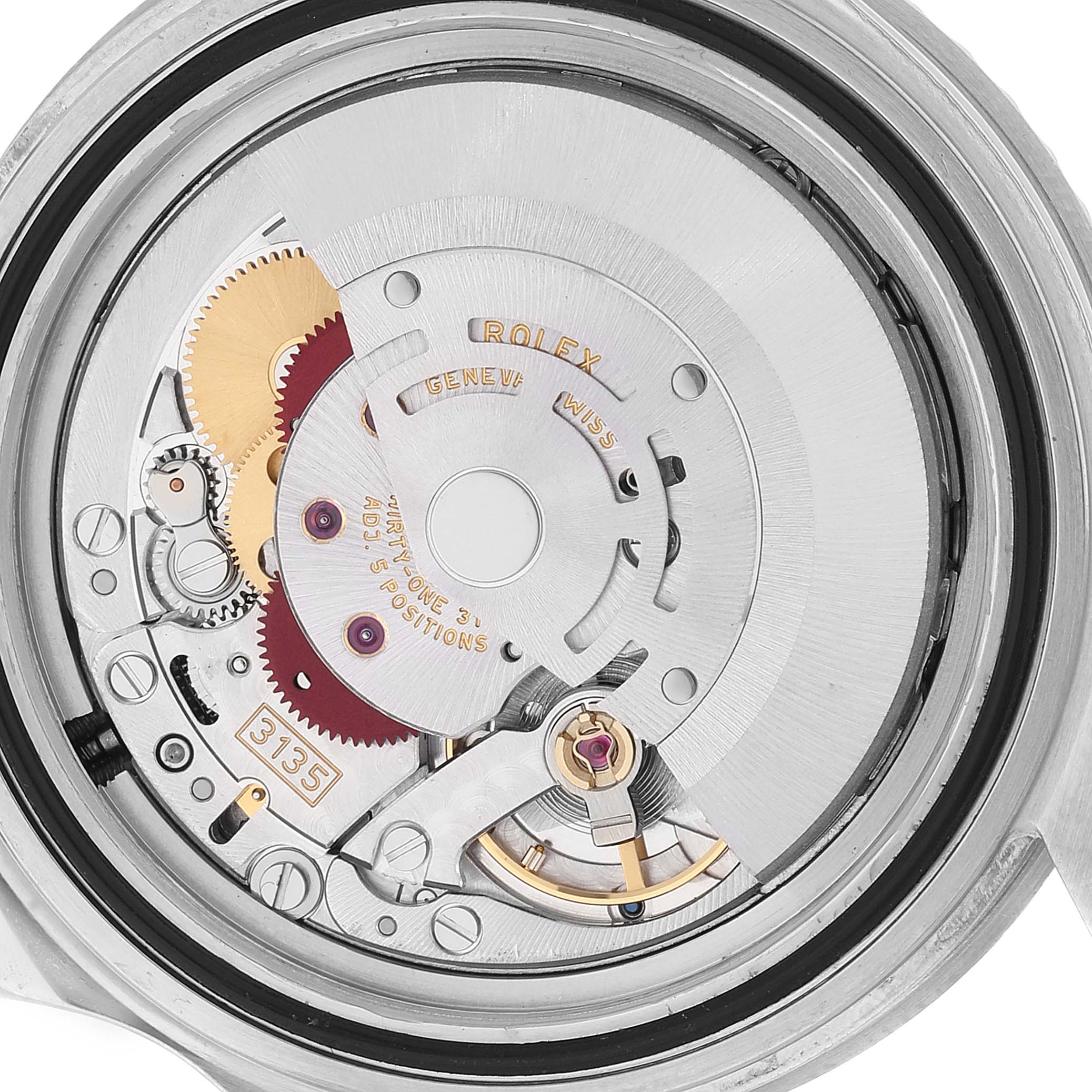 This image shows the internal mechanical movement of a Rolex Submariner 16610 Men's Stainless Steel Black Dial 16610 Men's Stainless Steel Black Dial watch from the back angle.